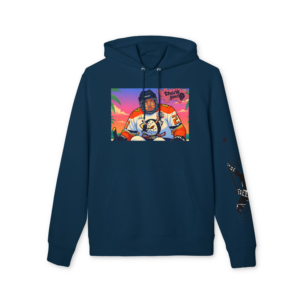 Hockey Player Graphic Hoodie — Retro Sunset Skate Design