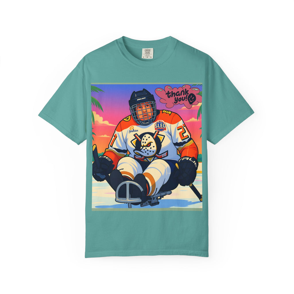 Hockey Tropics T‑Shirt — Sled Hockey Player with "Thank You" Graphic