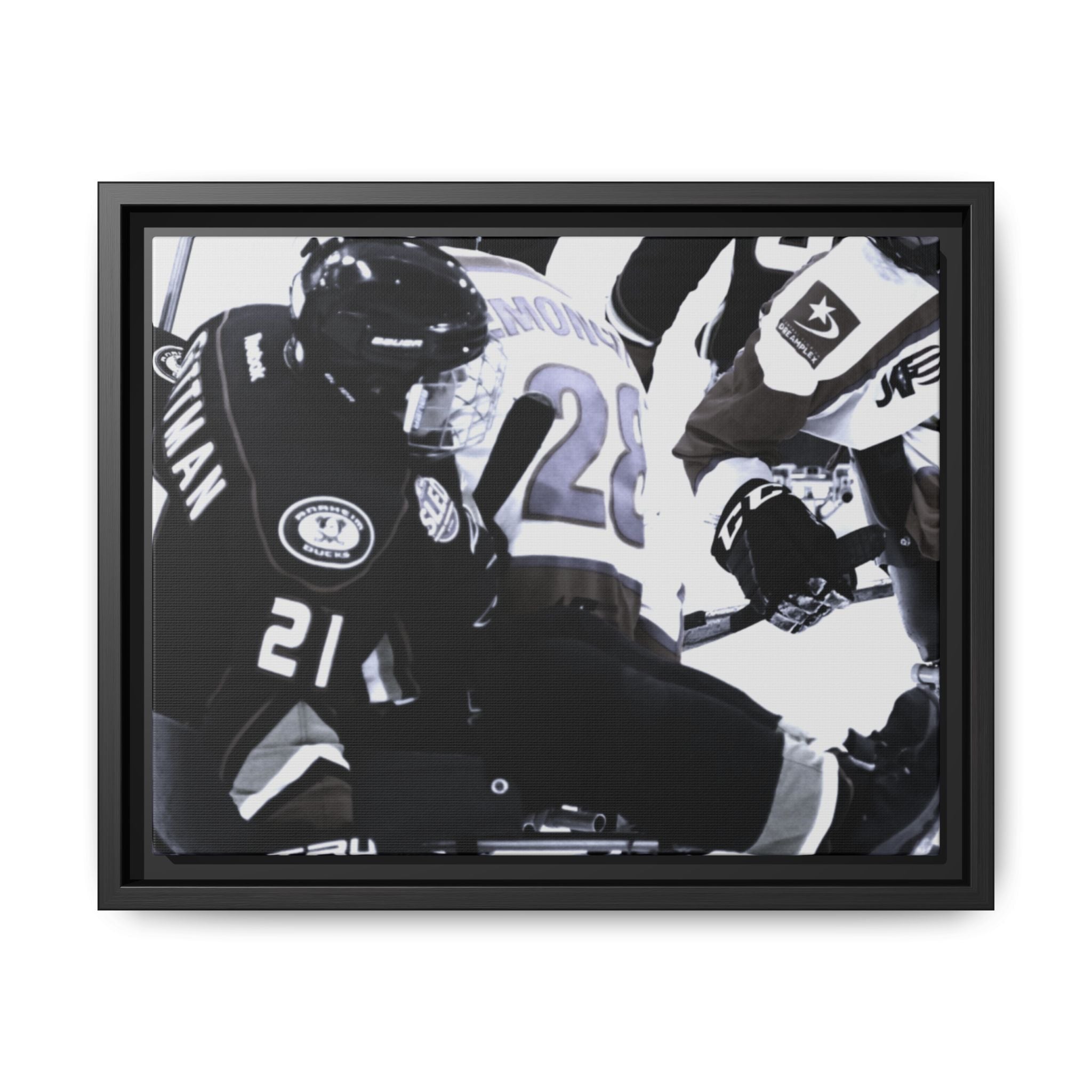 Framed Hockey Action Matte Canvas Print — Black & White Sports Wall Art