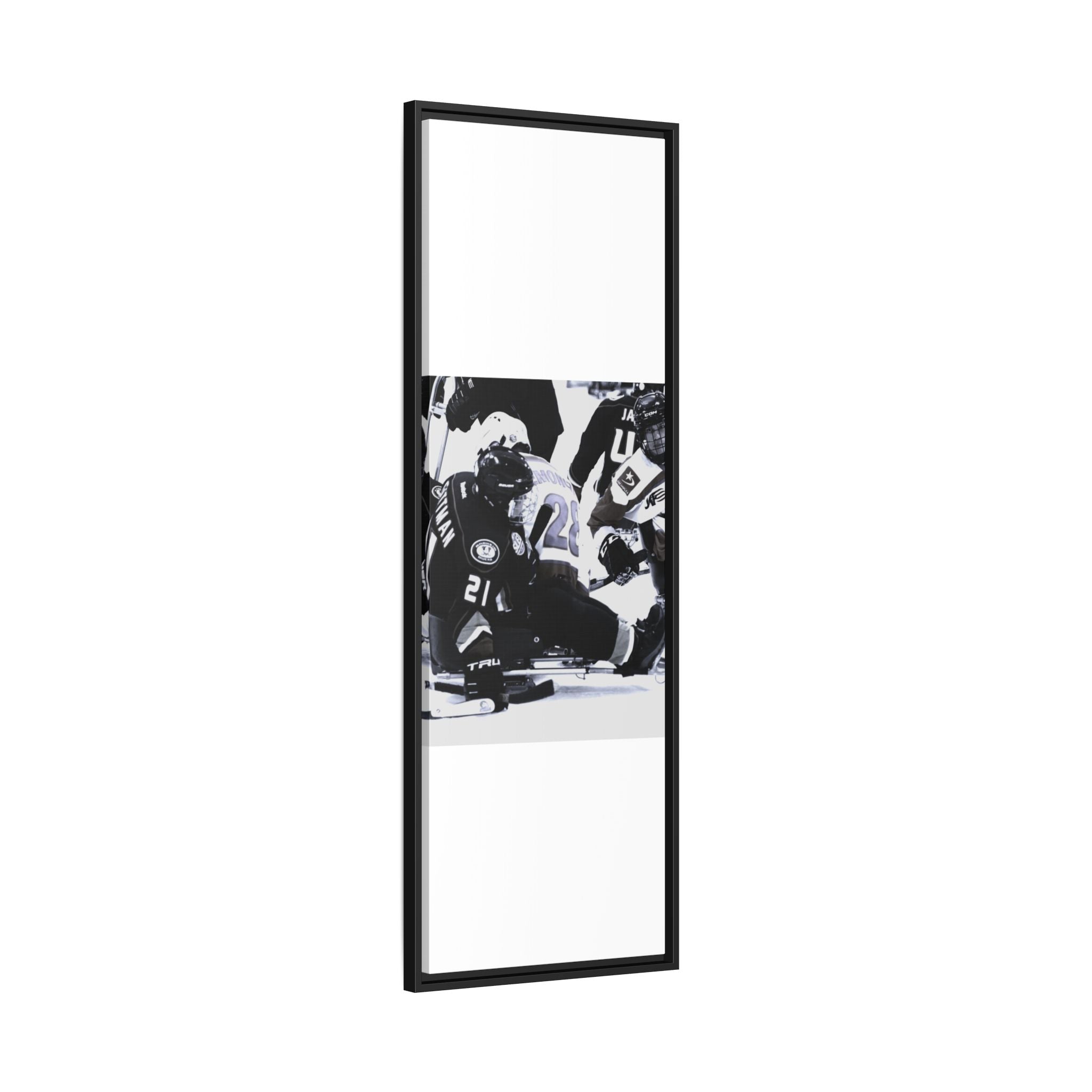 Framed Hockey Action Matte Canvas Print — Black & White Sports Wall Art