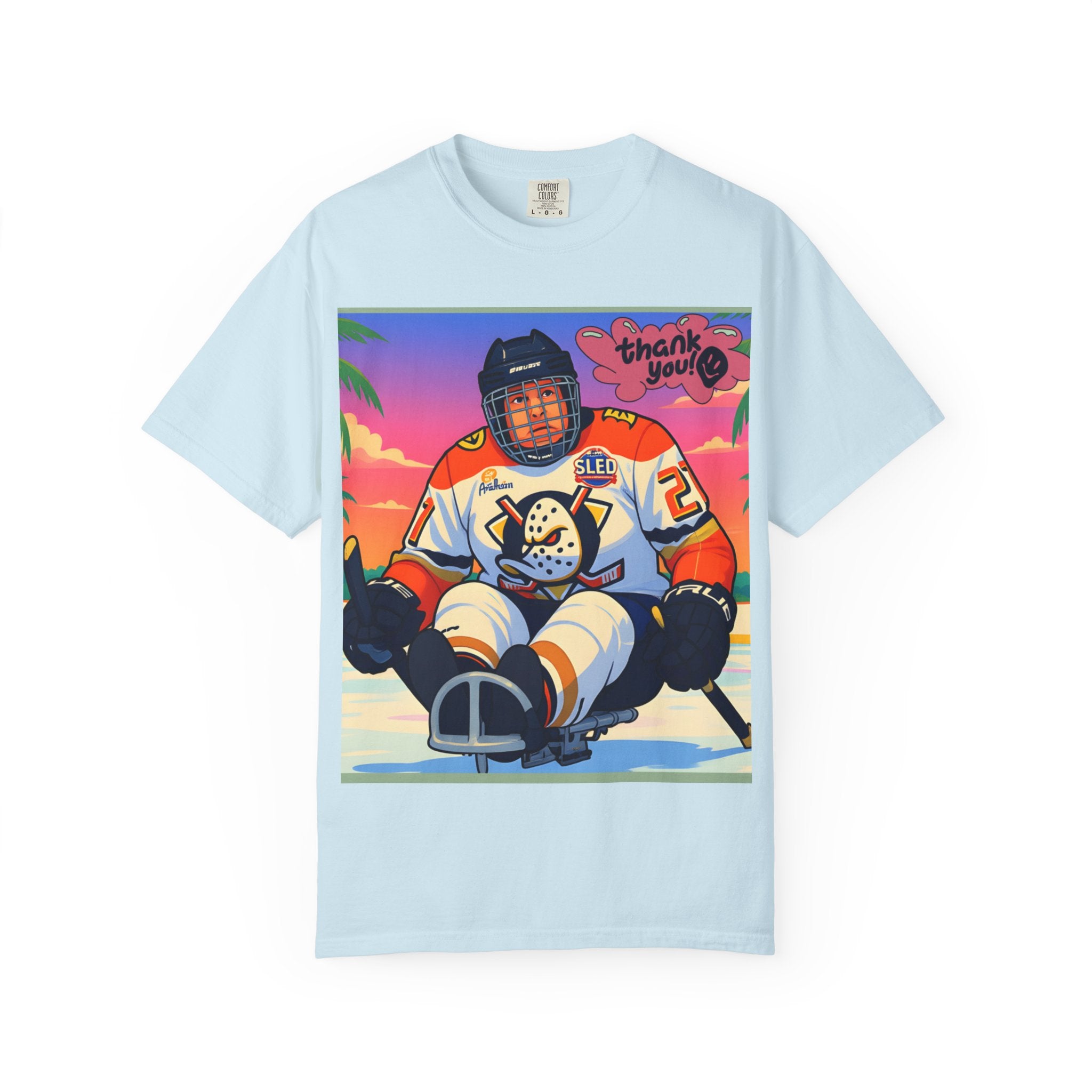 Hockey Tropics T‑Shirt — Sled Hockey Player with "Thank You" Graphic