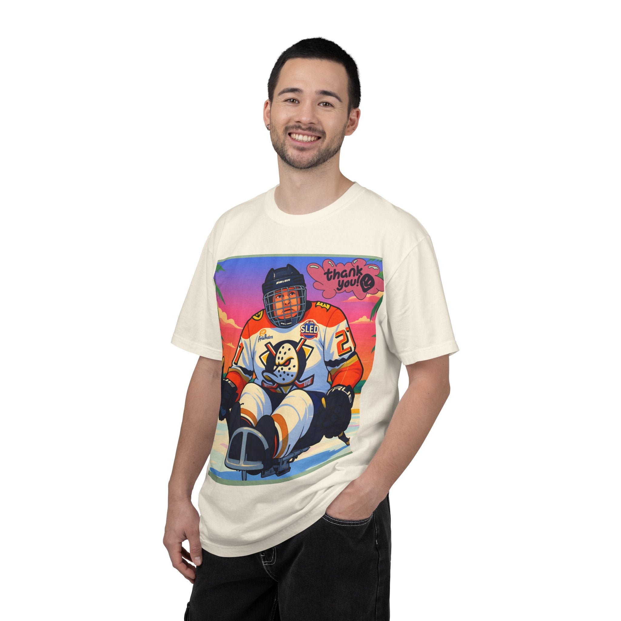 Hockey Tropics T‑Shirt — Sled Hockey Player with "Thank You" Graphic