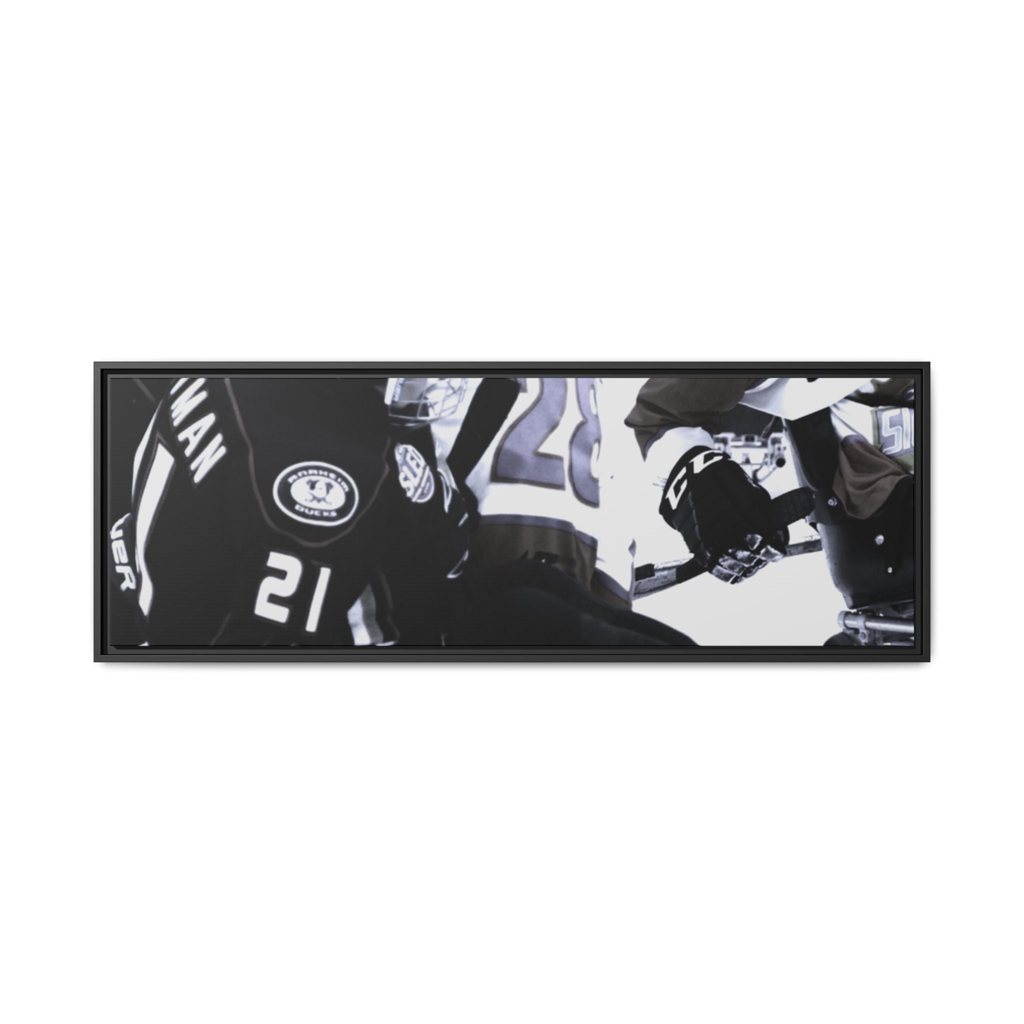 Framed Hockey Action Matte Canvas Print — Black & White Sports Wall Art