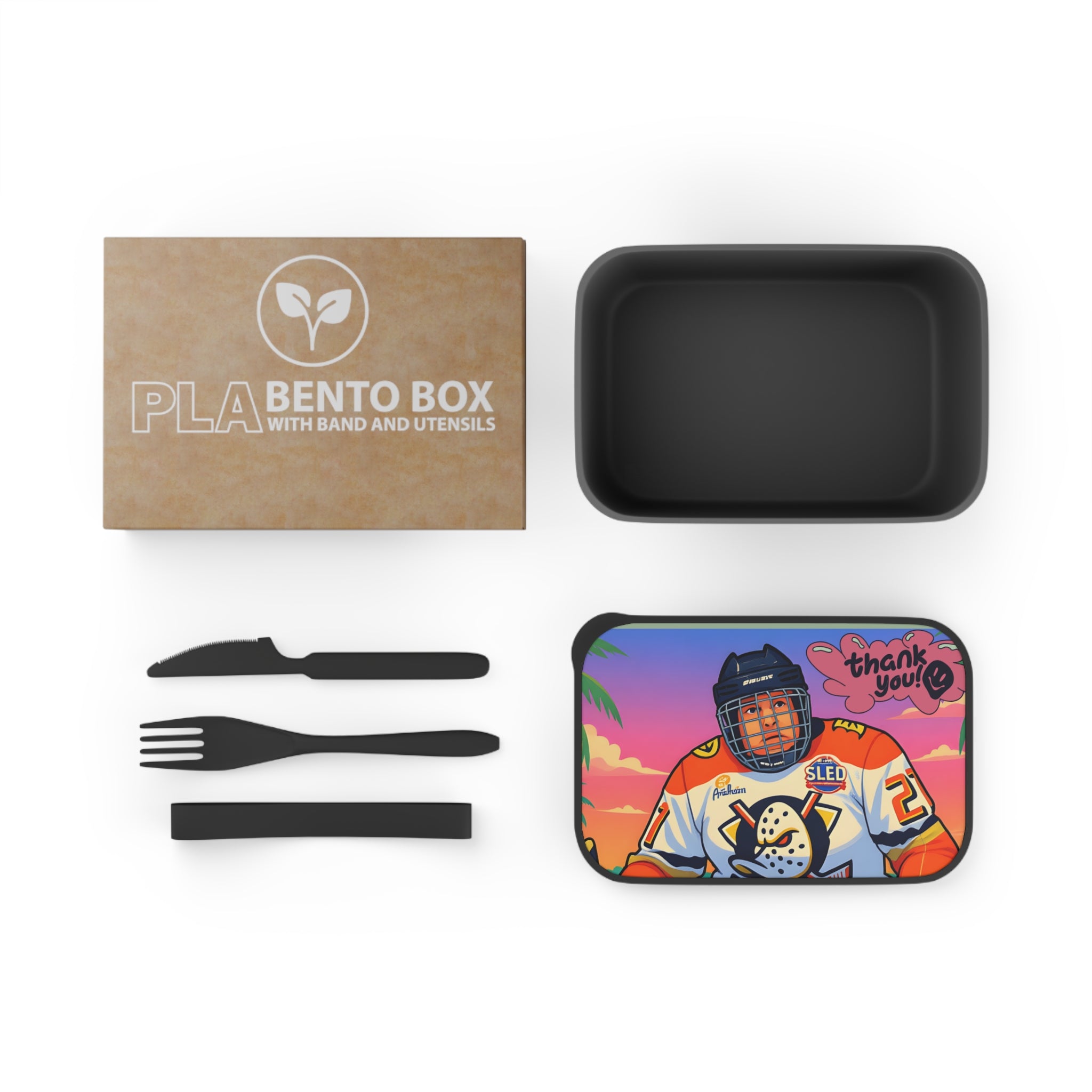 Bento Box — Retro Hockey Player Design (’Thank You!’) with Band & Utensils