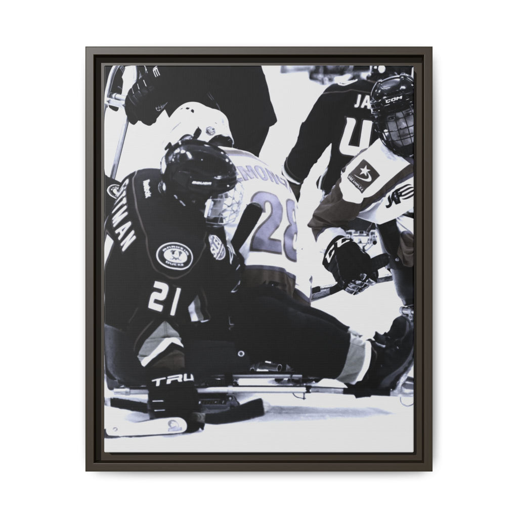 Framed Hockey Action Matte Canvas Print — Black & White Sports Wall Art
