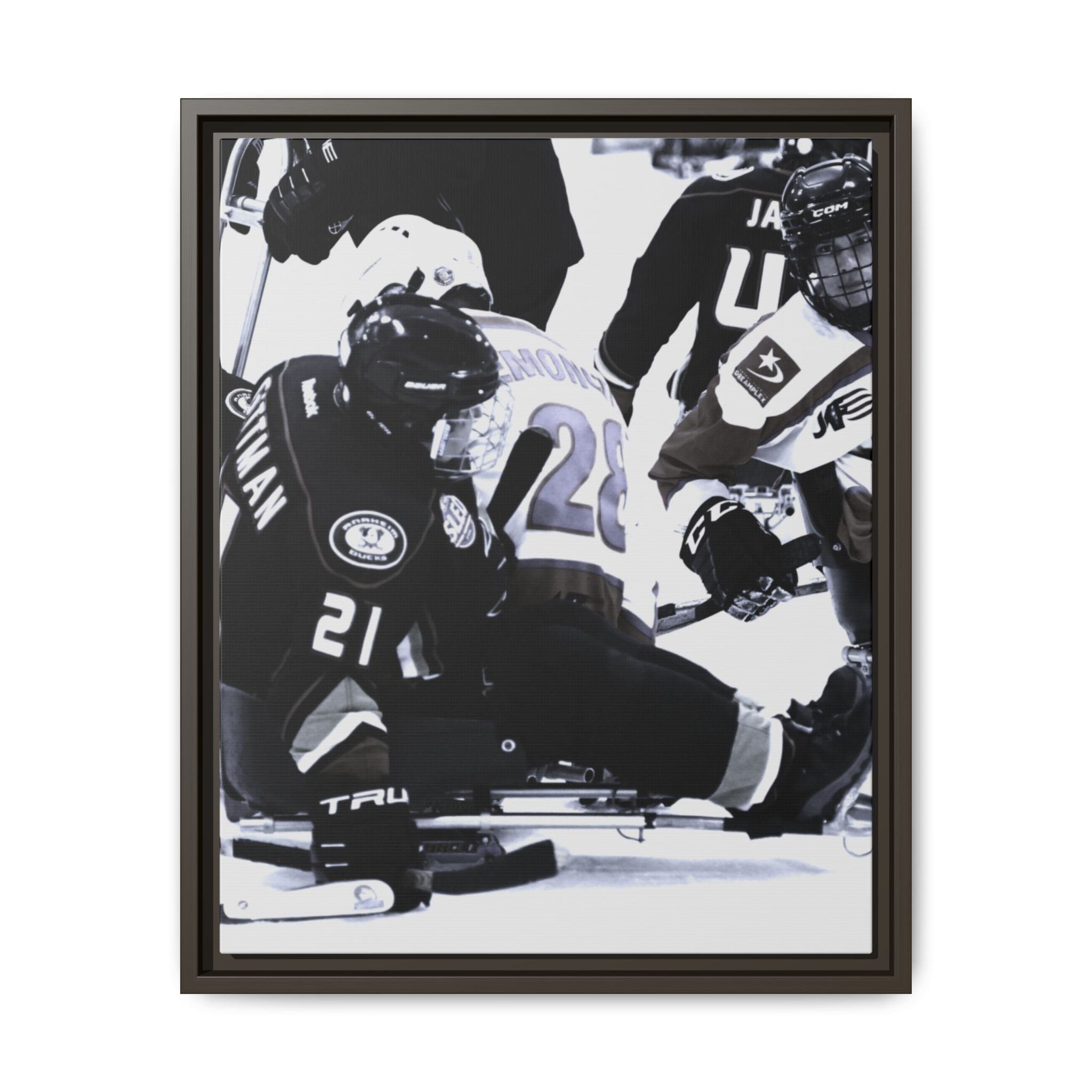 Framed Hockey Action Matte Canvas Print — Black & White Sports Wall Art