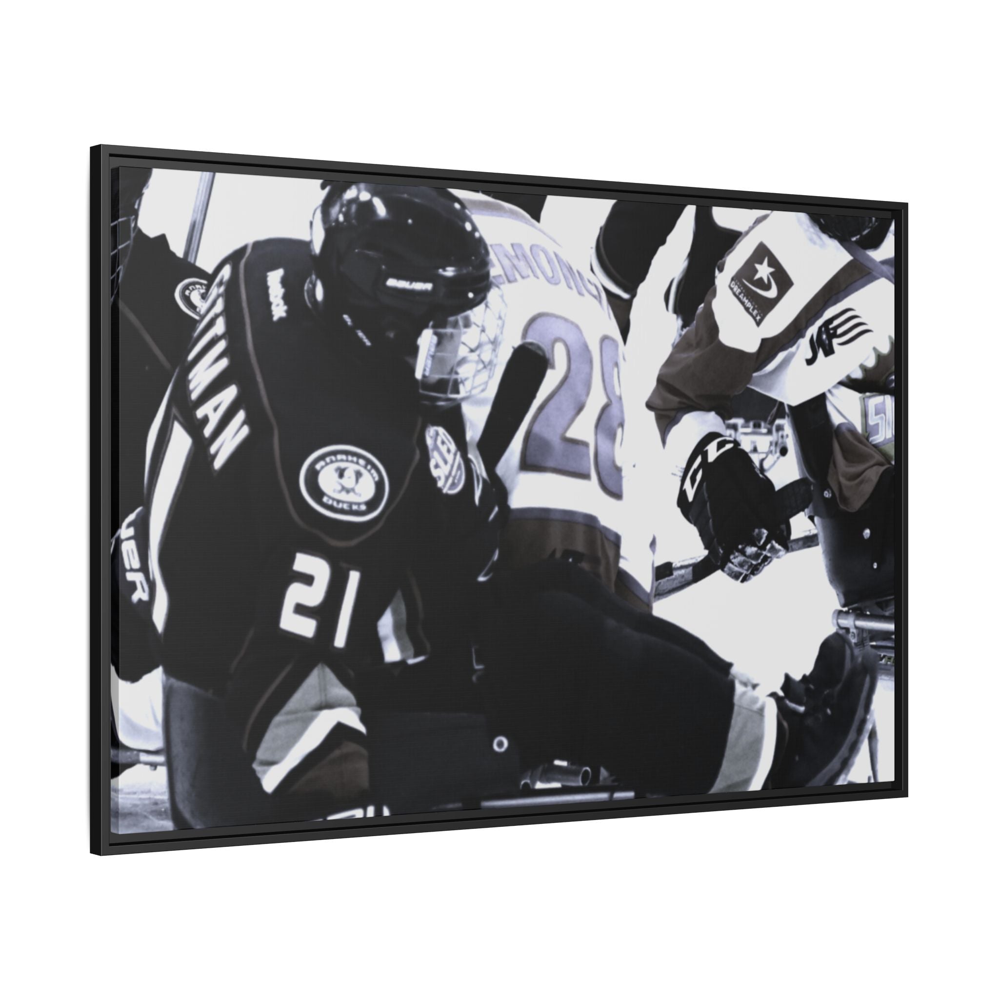 Framed Hockey Action Matte Canvas Print — Black & White Sports Wall Art