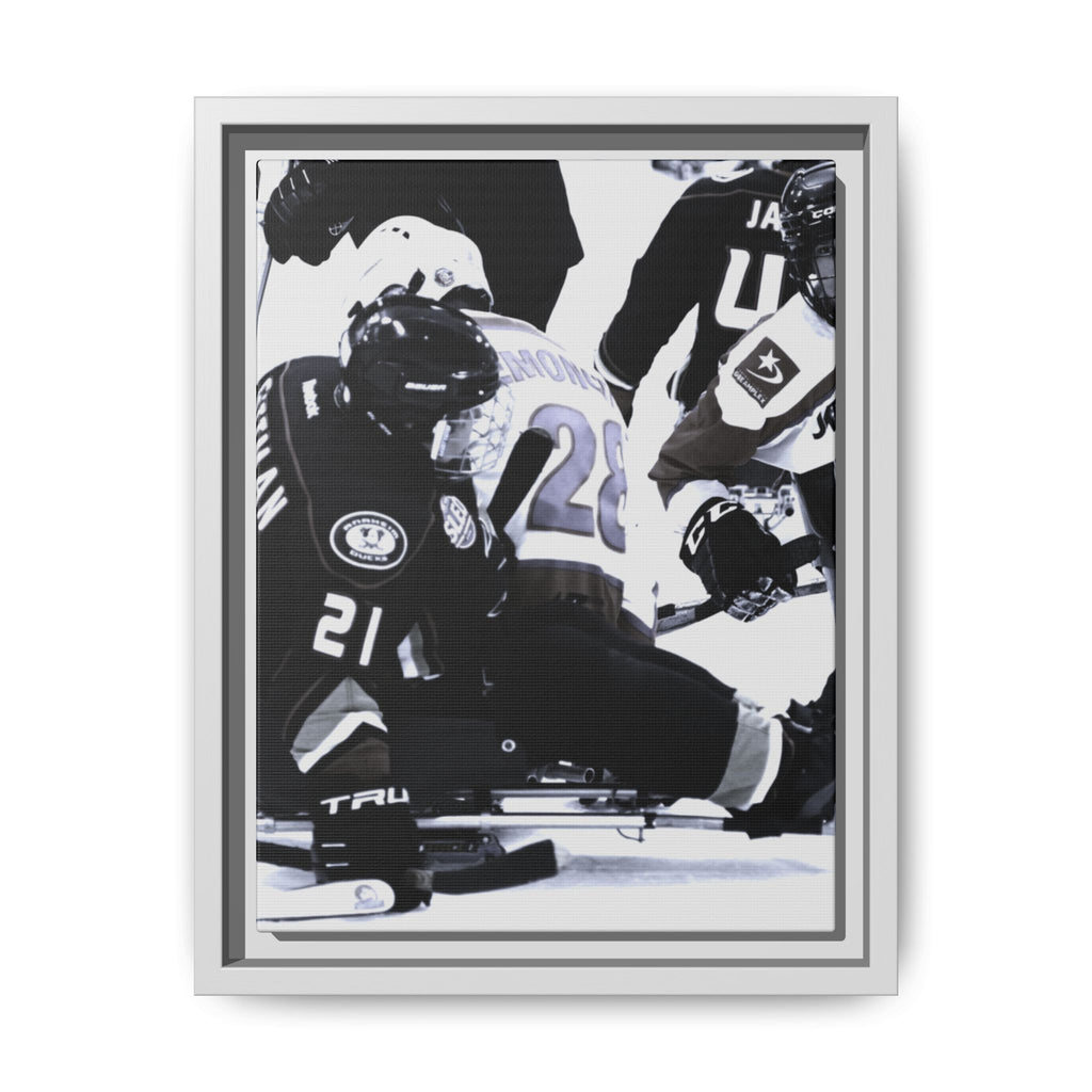 Framed Hockey Action Matte Canvas Print — Black & White Sports Wall Art