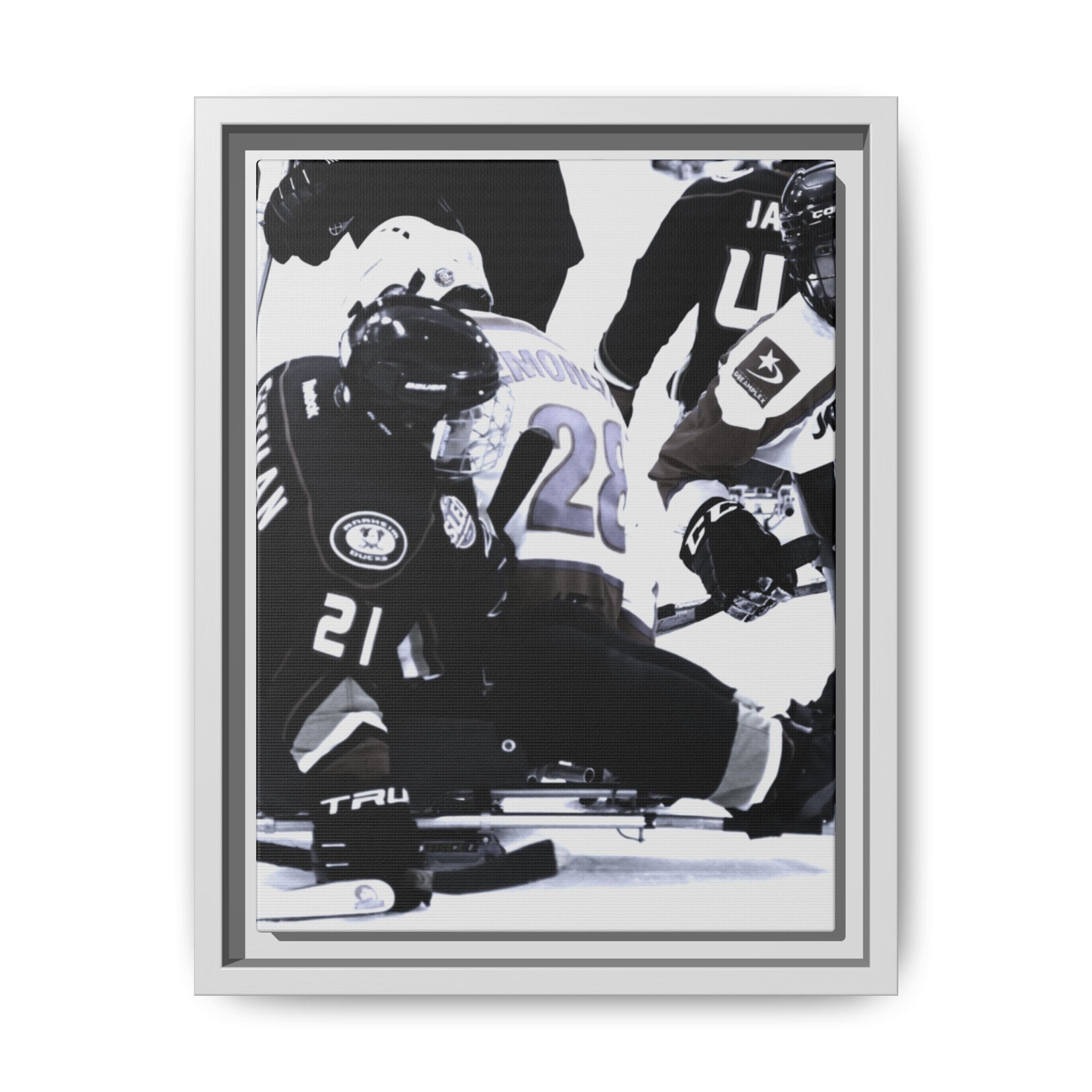Framed Hockey Action Matte Canvas Print — Black & White Sports Wall Art