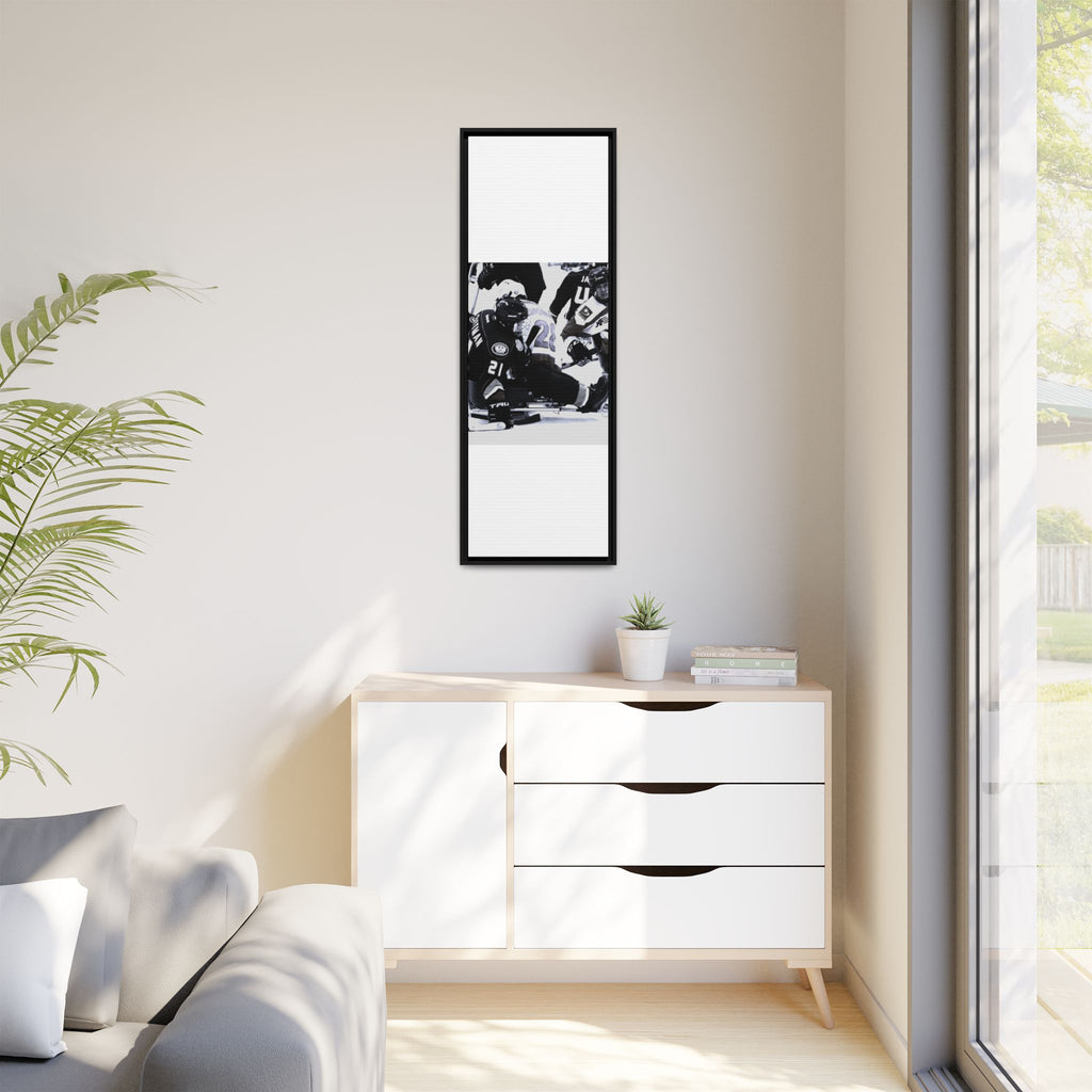 Framed Hockey Action Matte Canvas Print — Black & White Sports Wall Art
