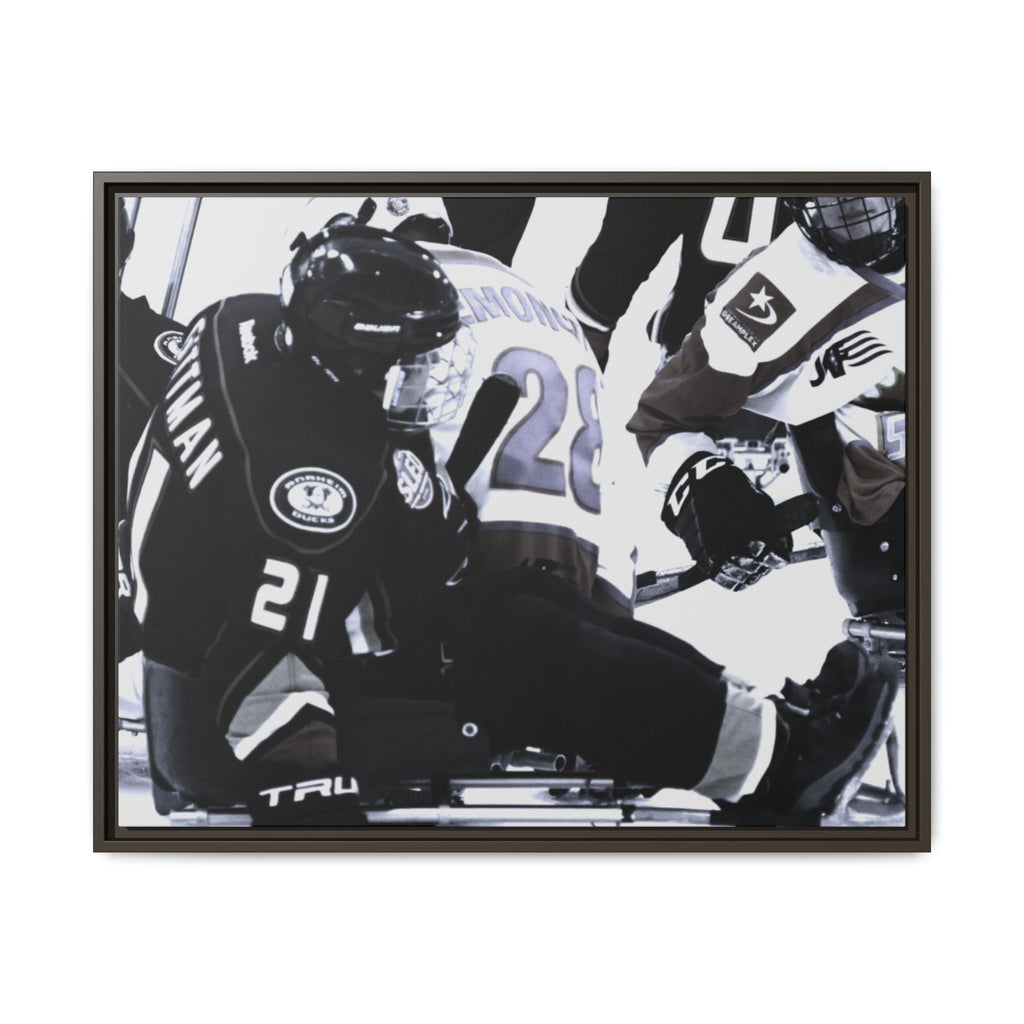 Framed Hockey Action Matte Canvas Print — Black & White Sports Wall Art