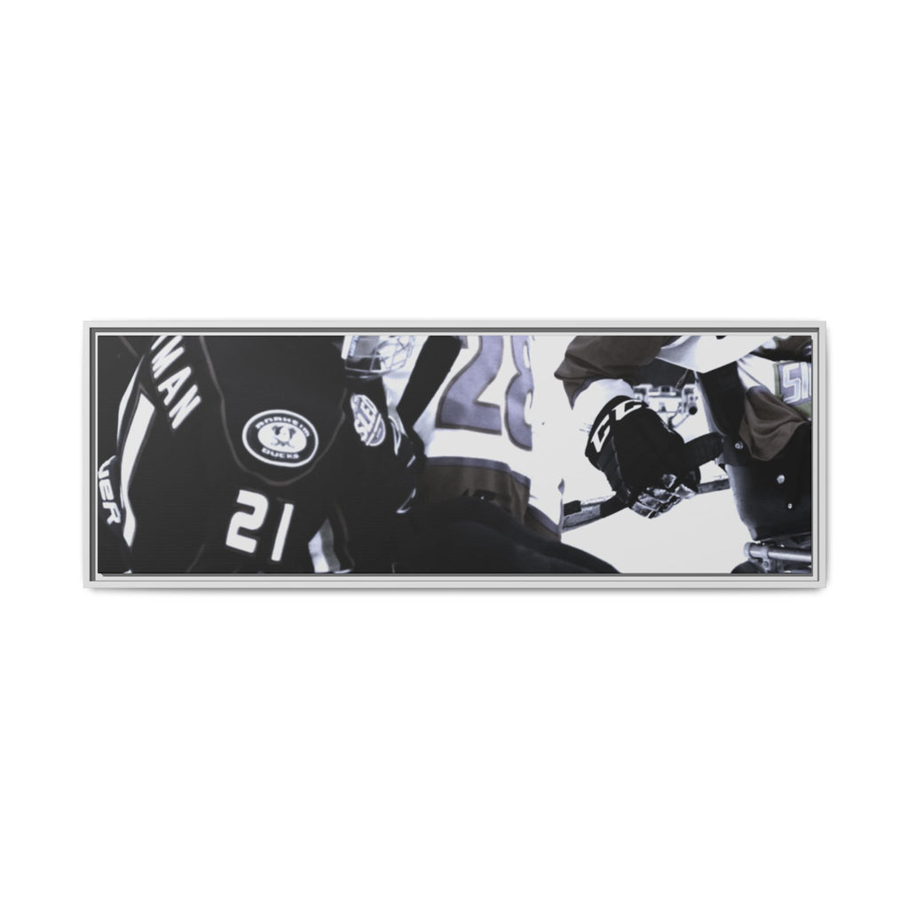 Framed Hockey Action Matte Canvas Print — Black & White Sports Wall Art