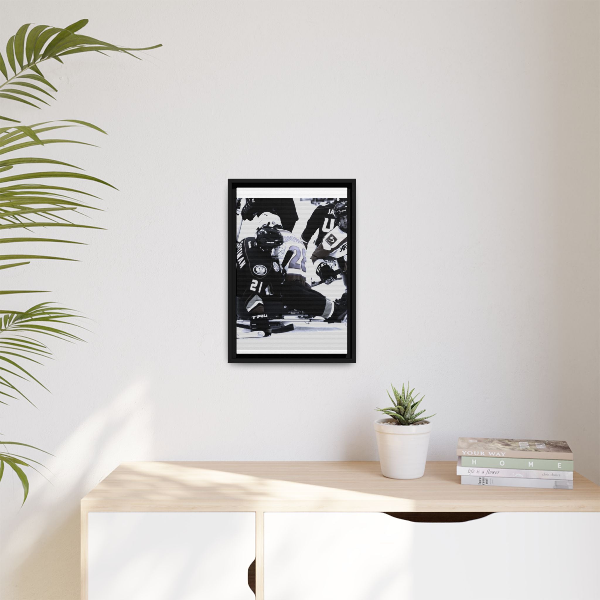 Framed Hockey Action Matte Canvas Print — Black & White Sports Wall Art