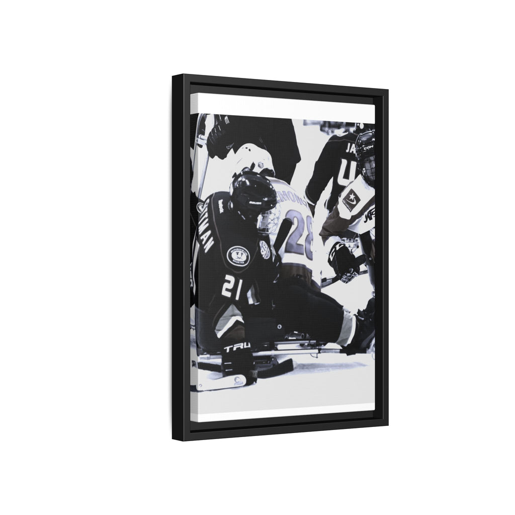 Framed Hockey Action Matte Canvas Print — Black & White Sports Wall Art