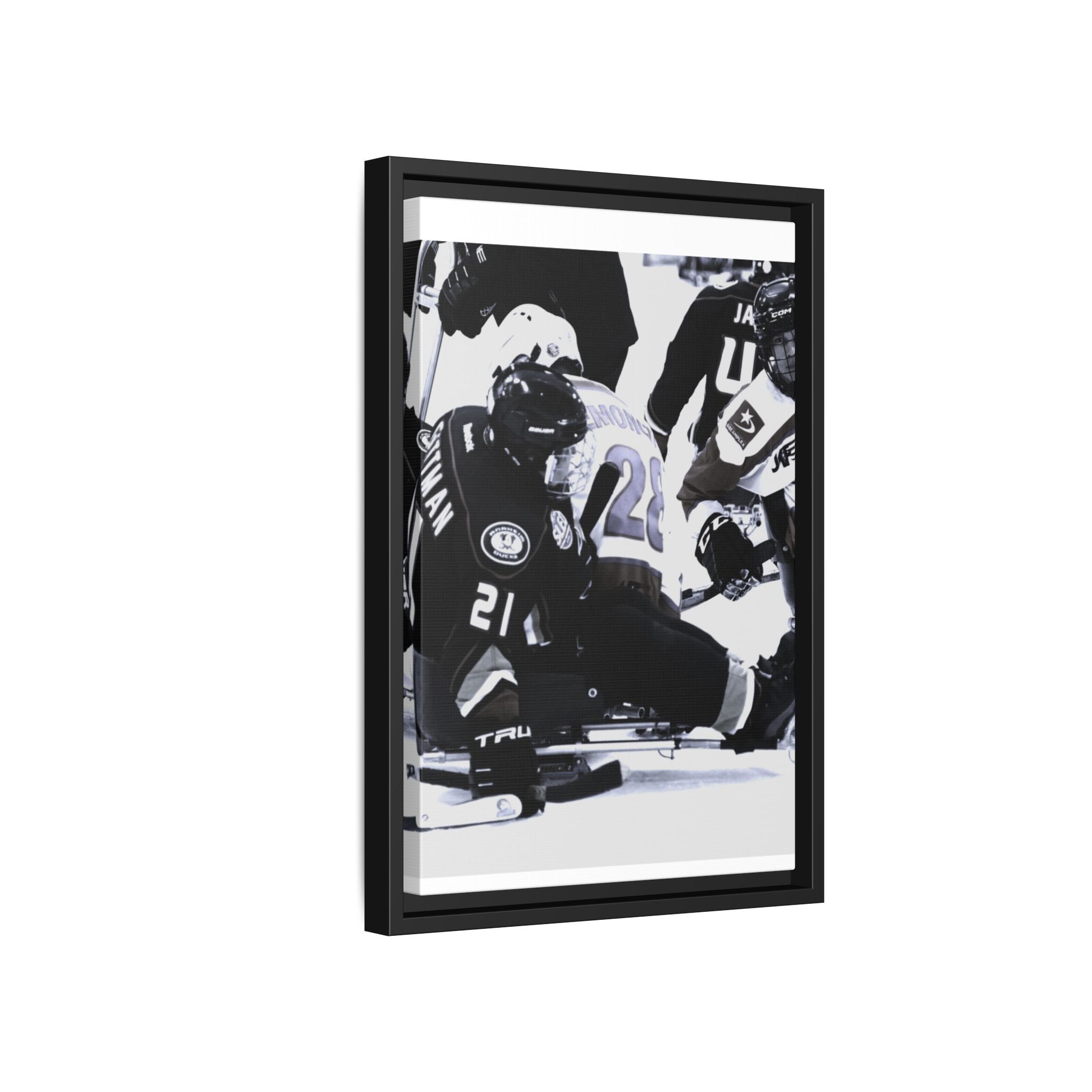 Framed Hockey Action Matte Canvas Print — Black & White Sports Wall Art