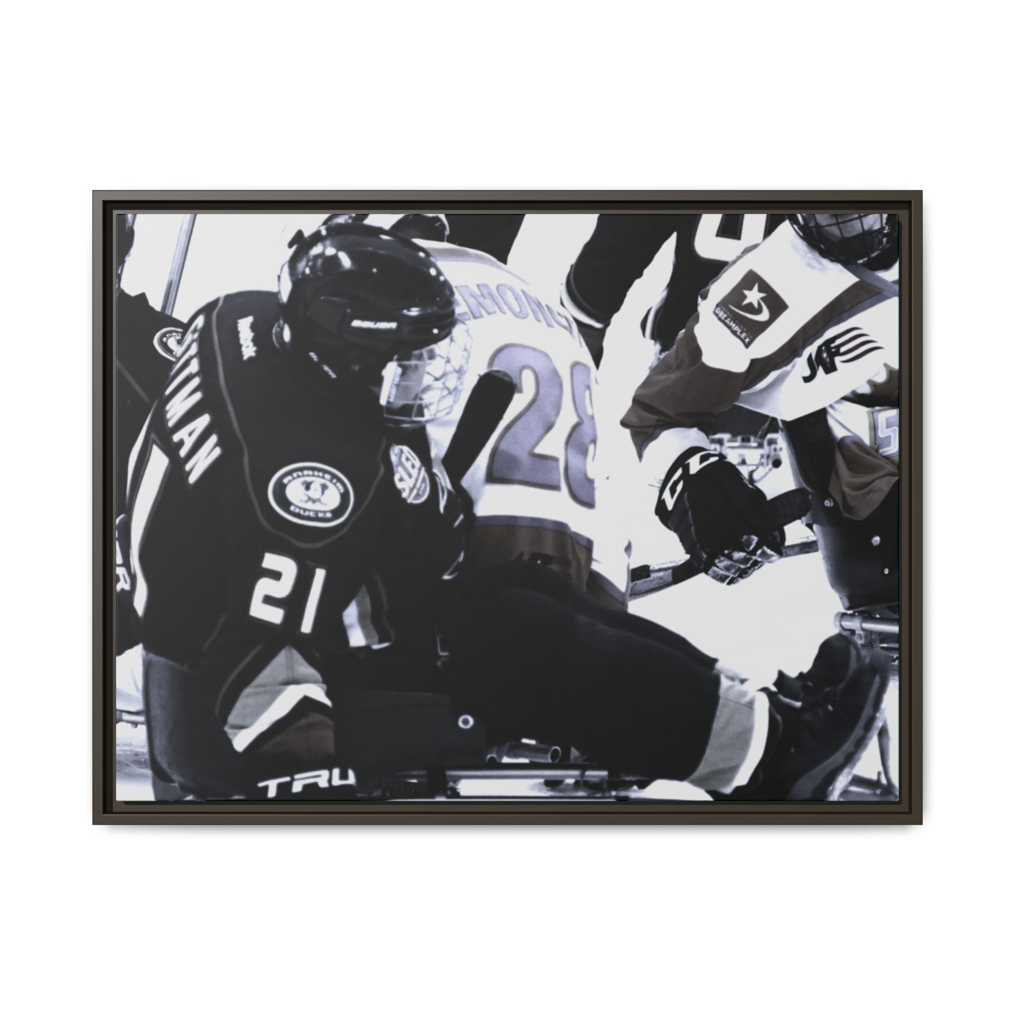 Framed Hockey Action Matte Canvas Print — Black & White Sports Wall Art