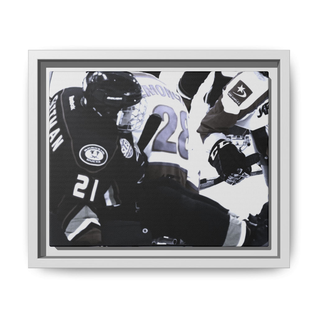 Framed Hockey Action Matte Canvas Print — Black & White Sports Wall Art