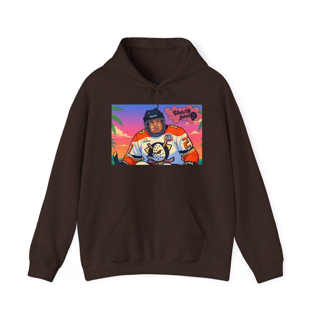 Hockey Player Retro Sunset Hoodie — Vintage Anaheim Skate Jersey Graphic