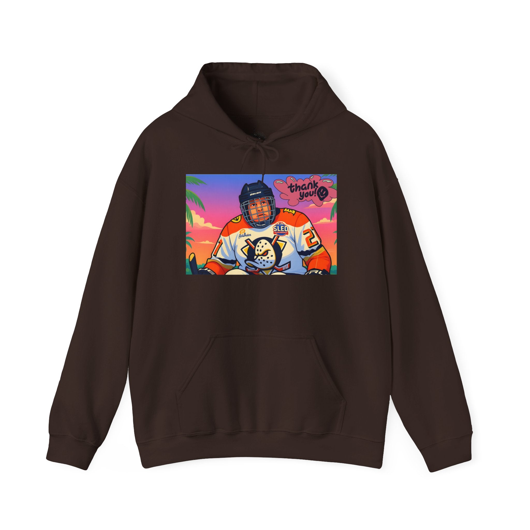 Hockey Player Retro Sunset Hoodie — Vintage Anaheim Skate Jersey Graphic