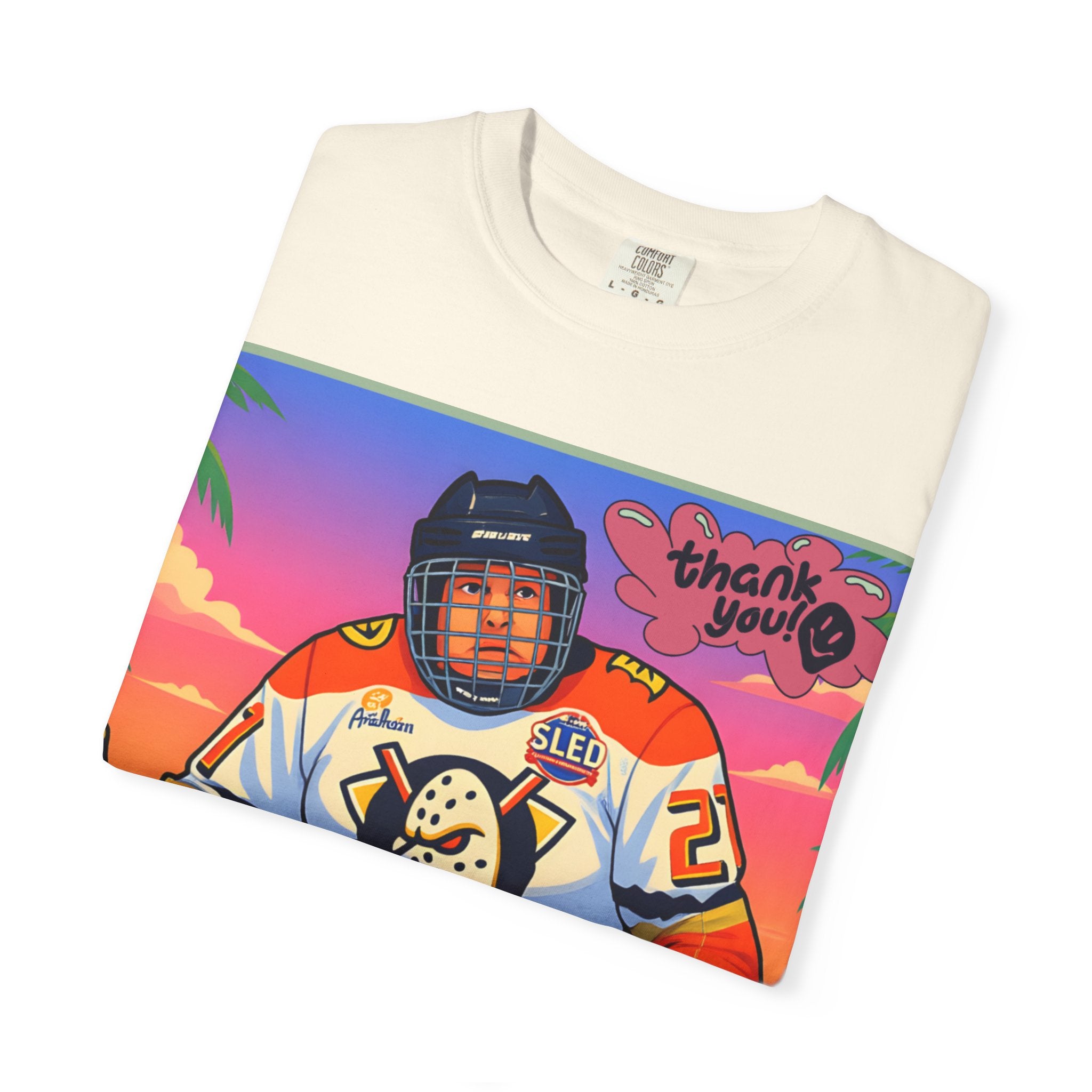 Hockey Tropics T‑Shirt — Sled Hockey Player with "Thank You" Graphic