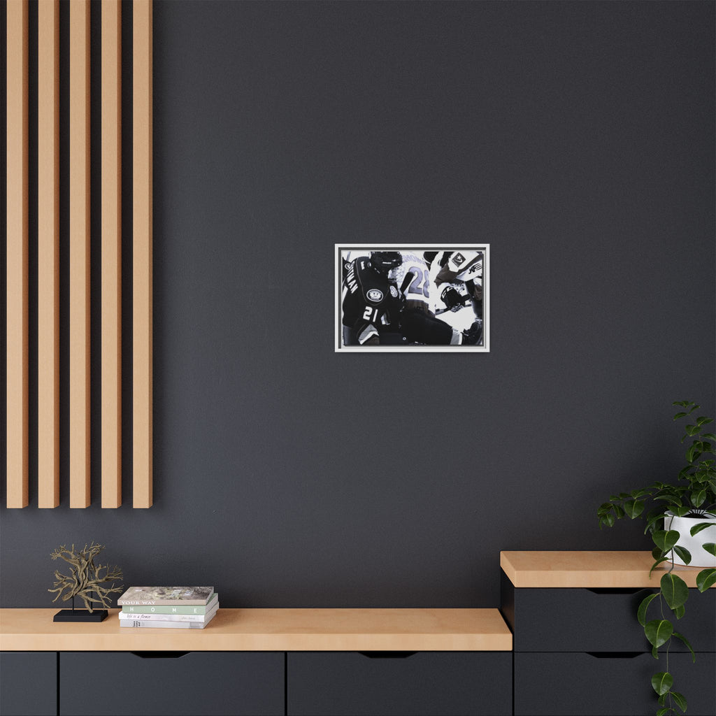 Framed Hockey Action Matte Canvas Print — Black & White Sports Wall Art