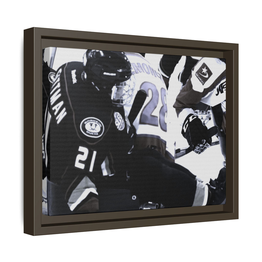 Framed Hockey Action Matte Canvas Print — Black & White Sports Wall Art