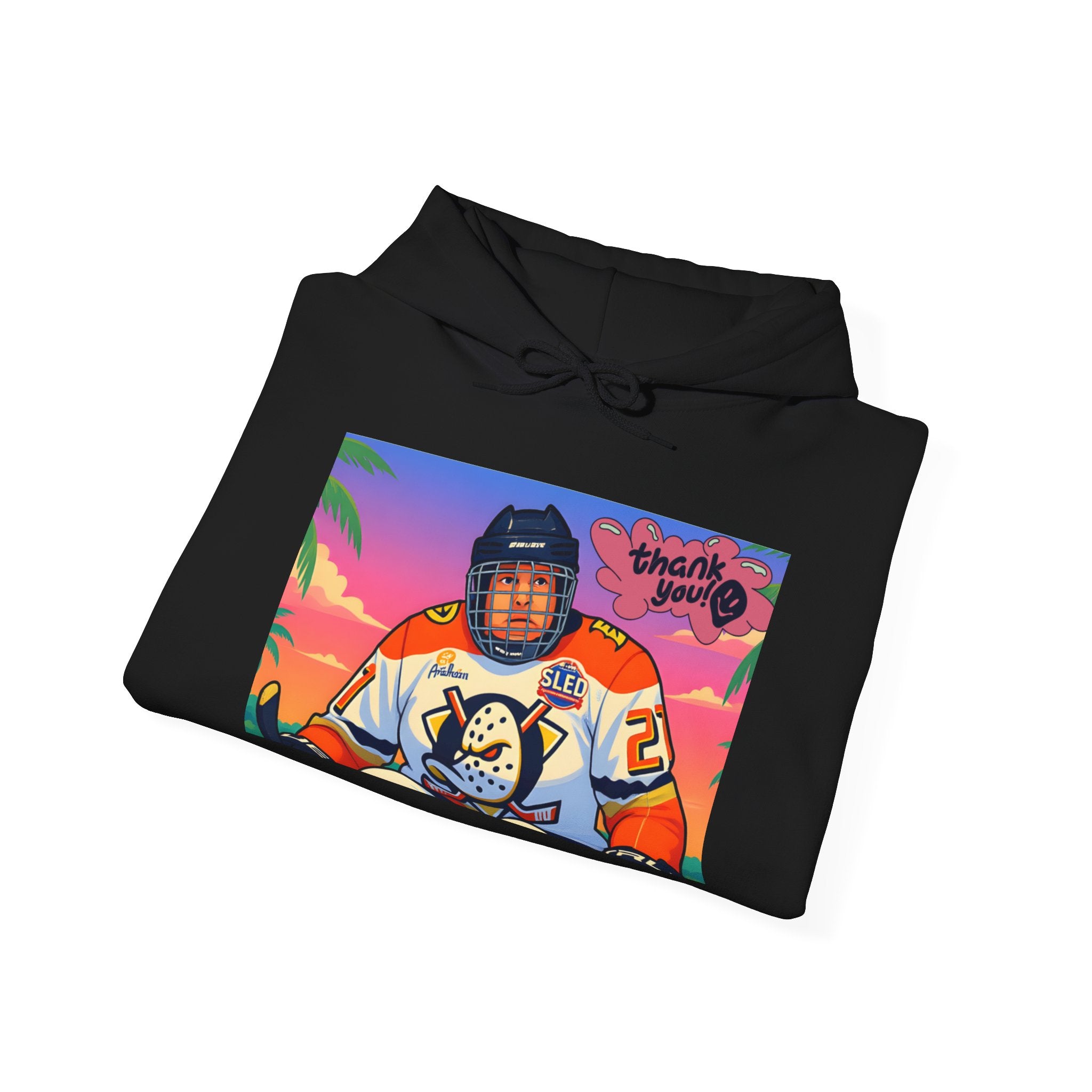 Hockey Player Retro Sunset Hoodie — Vintage Anaheim Skate Jersey Graphic