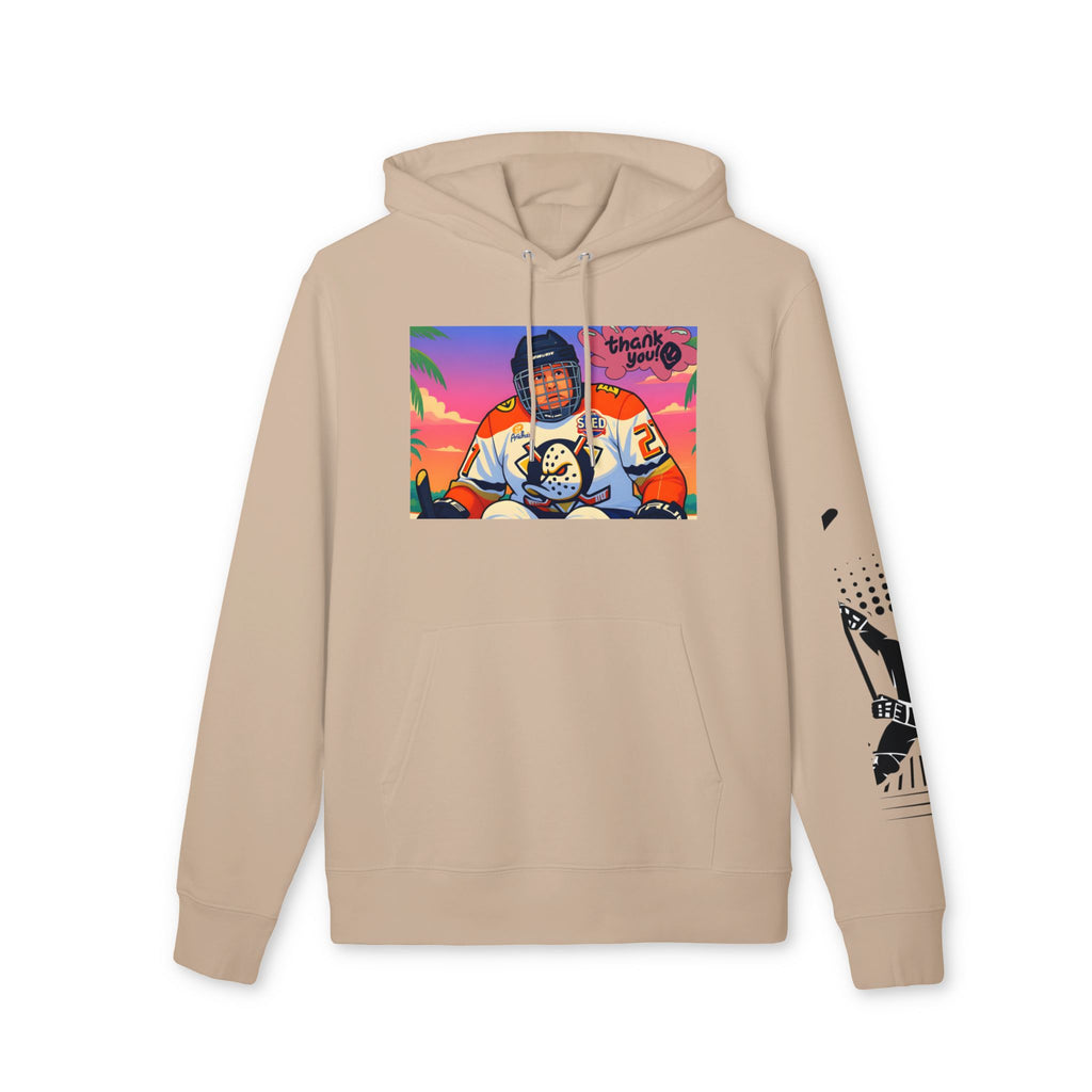 Hockey Player Graphic Hoodie — Retro Sunset Skate Design