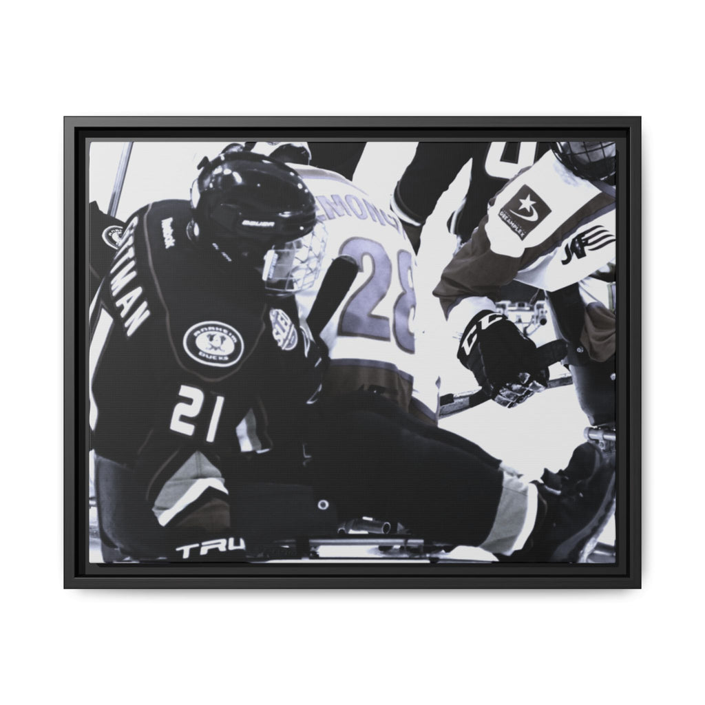 Framed Hockey Action Matte Canvas Print — Black & White Sports Wall Art