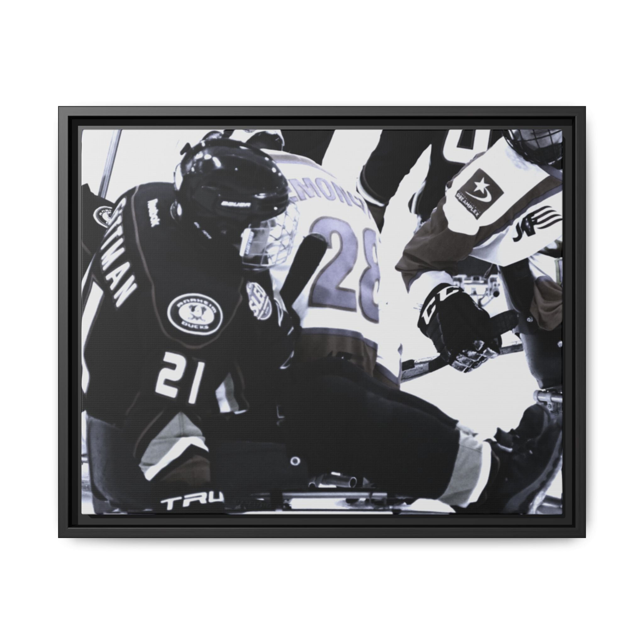 Framed Hockey Action Matte Canvas Print — Black & White Sports Wall Art
