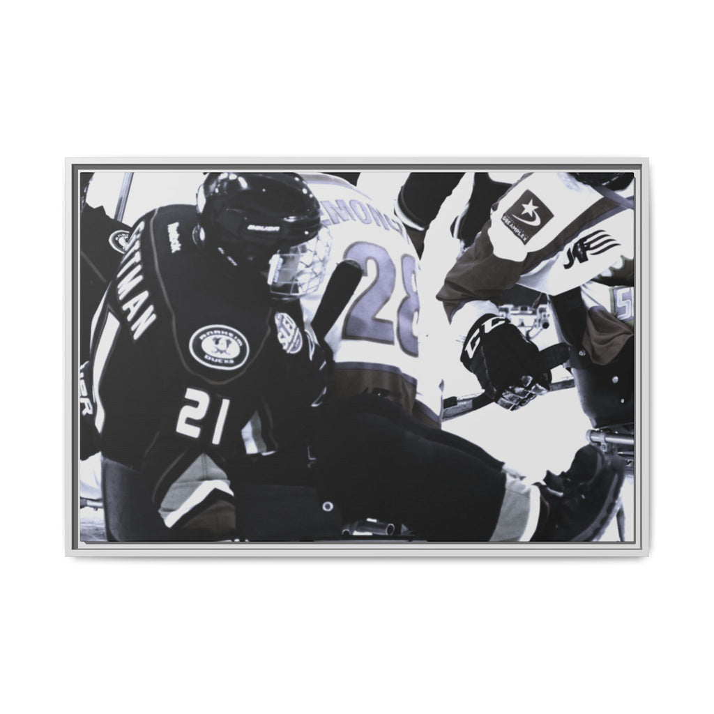 Framed Hockey Action Matte Canvas Print — Black & White Sports Wall Art
