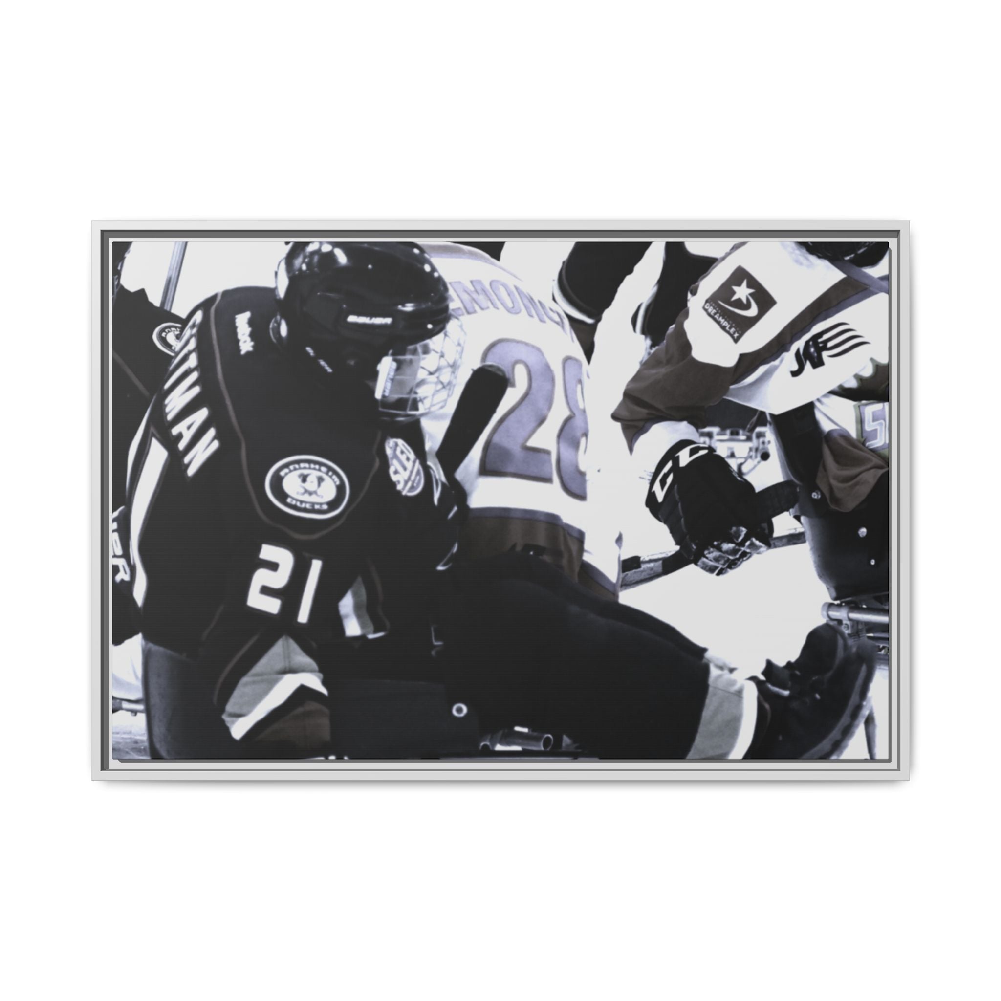 Framed Hockey Action Matte Canvas Print — Black & White Sports Wall Art