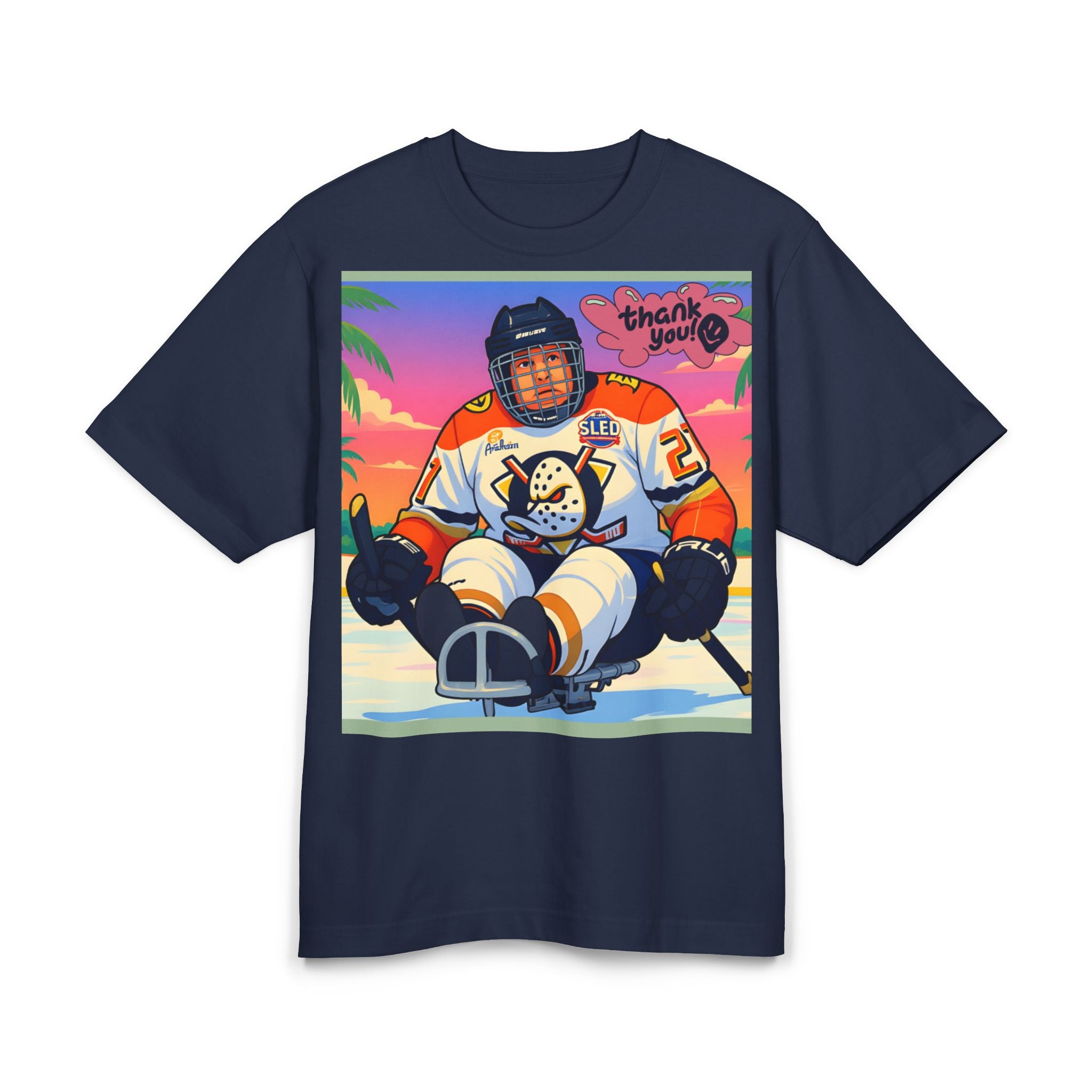 Hockey Sled Player Graphic Tee — 'Thank You' Retro Sunset Design