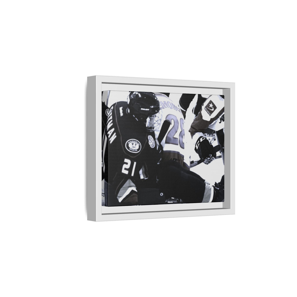 Framed Hockey Action Matte Canvas Print — Black & White Sports Wall Art
