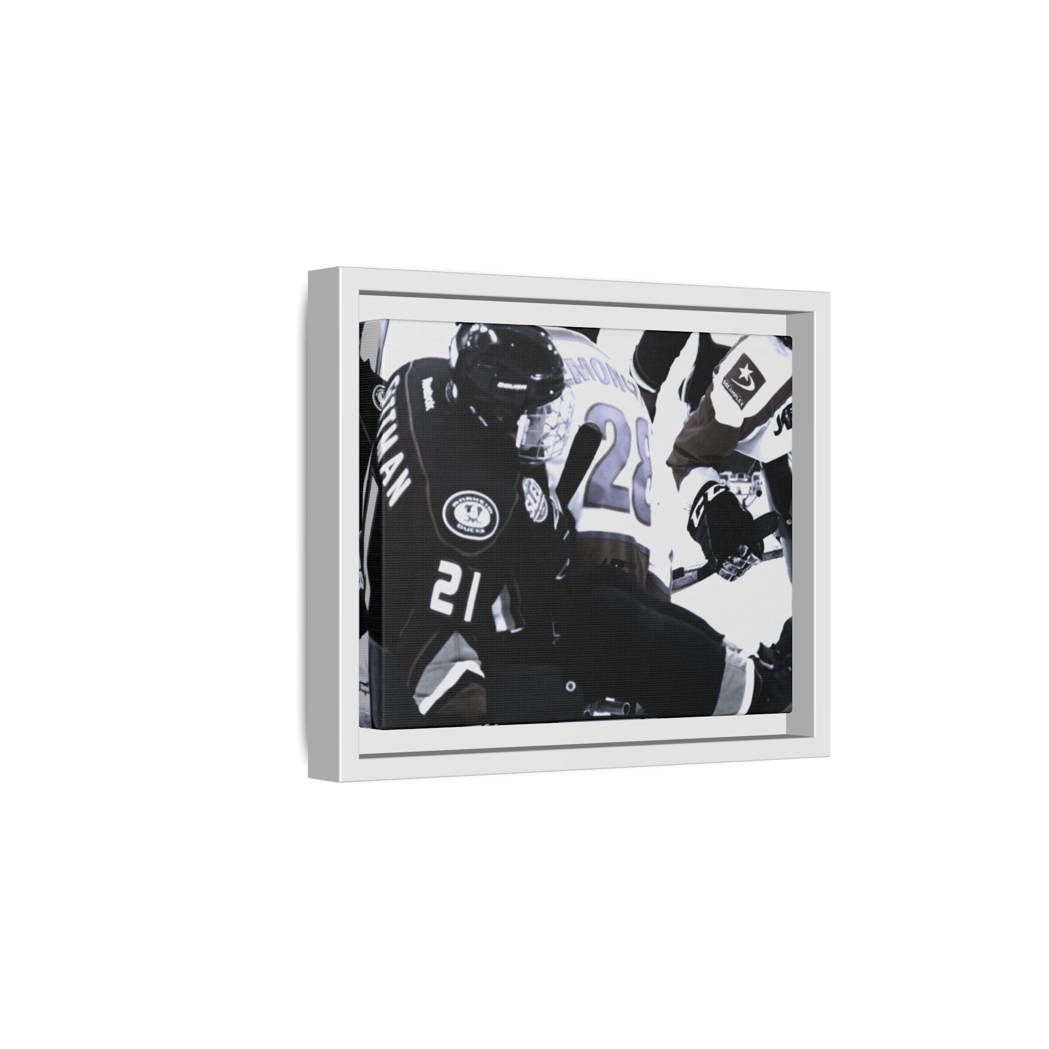 Framed Hockey Action Matte Canvas Print — Black & White Sports Wall Art
