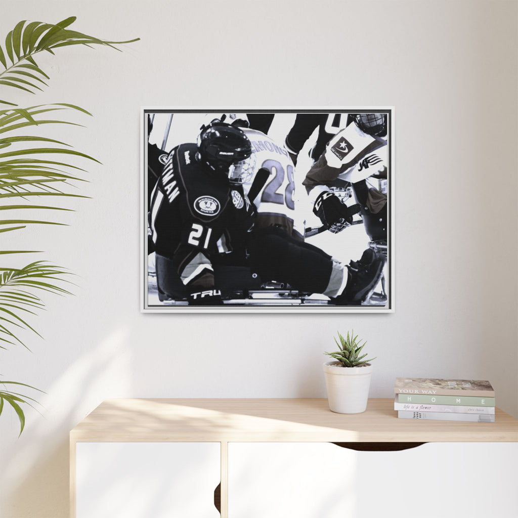 Framed Hockey Action Matte Canvas Print — Black & White Sports Wall Art