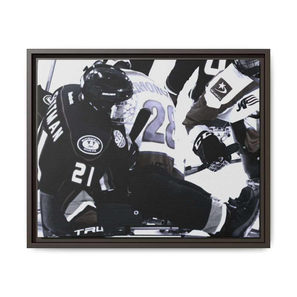 Framed Hockey Action Matte Canvas Print — Black & White Sports Wall Art