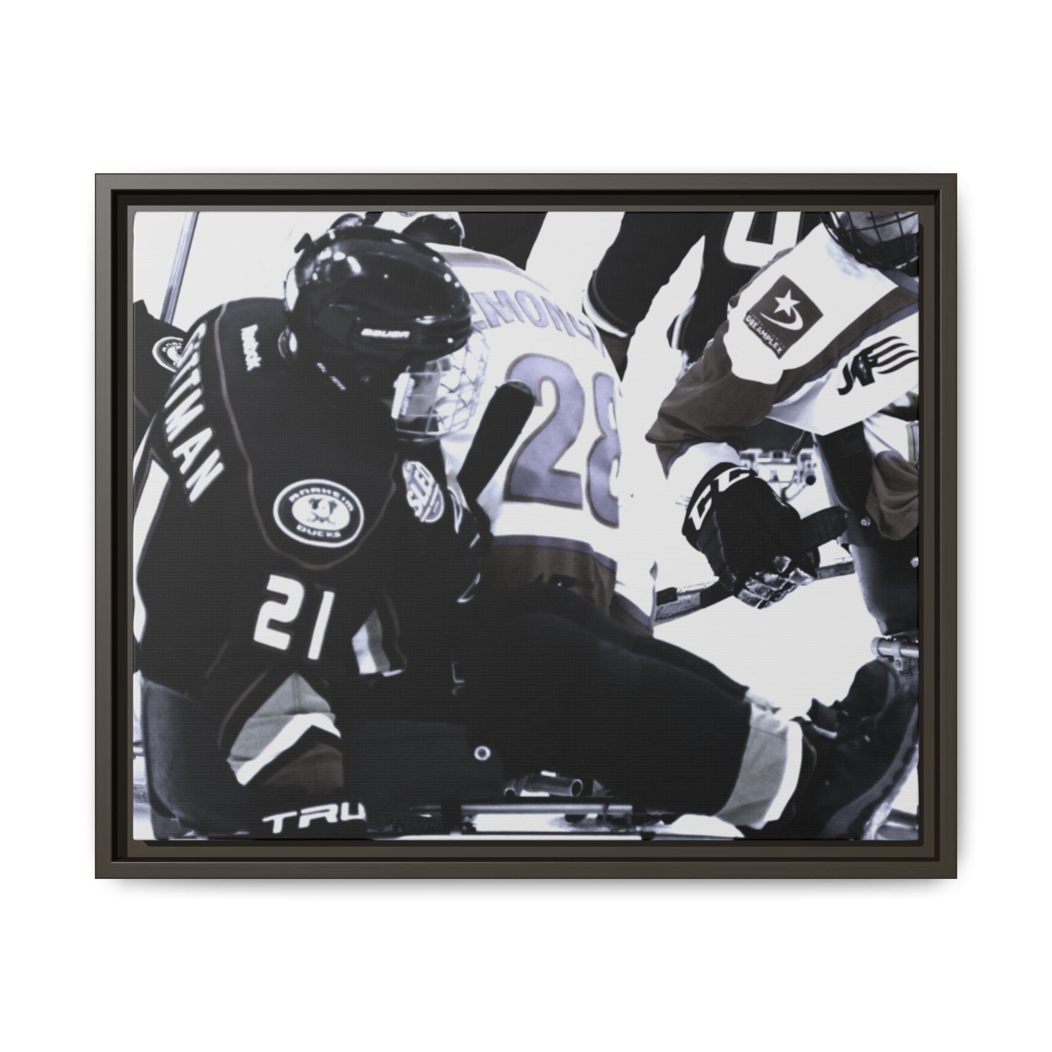 Framed Hockey Action Matte Canvas Print — Black & White Sports Wall Art