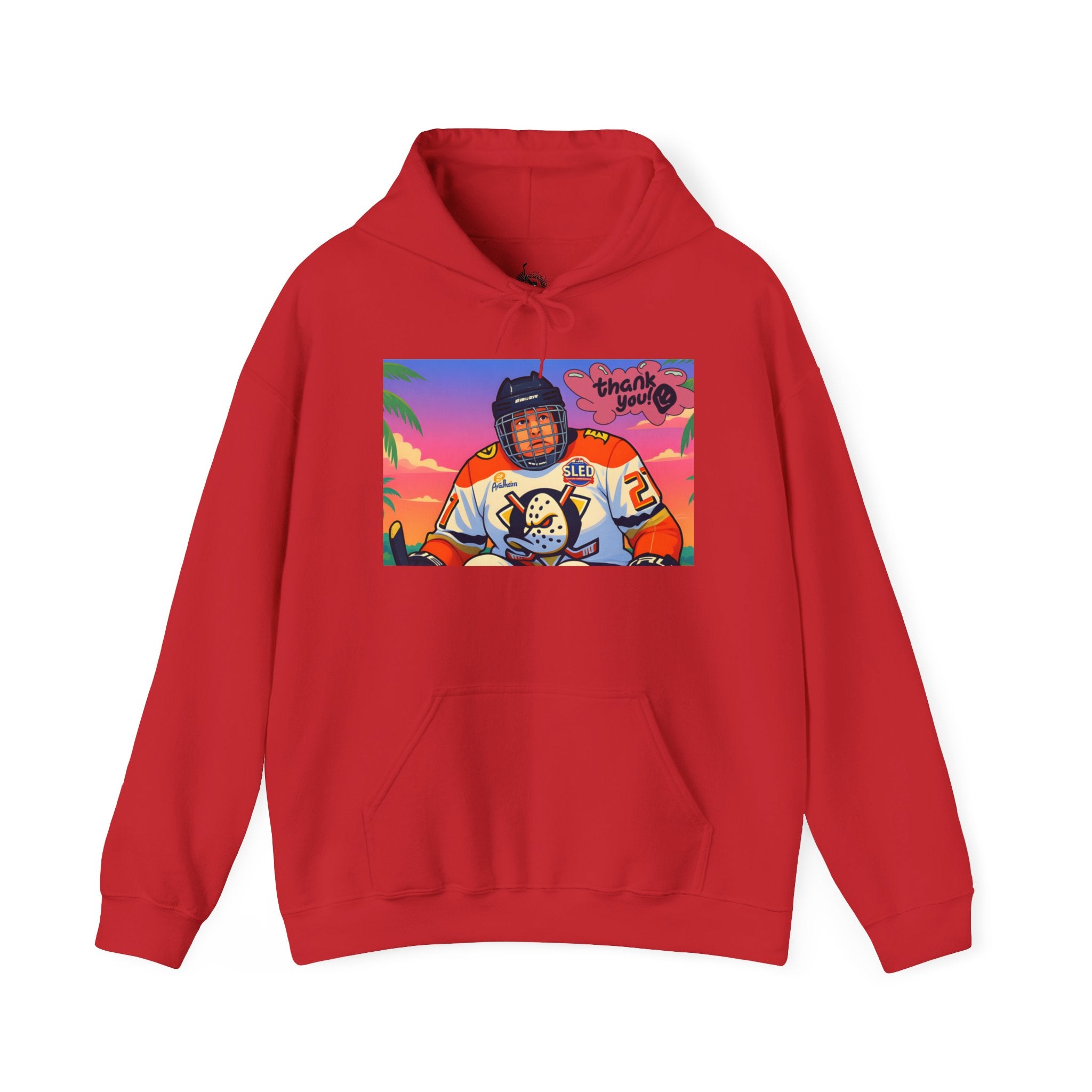 Hockey Player Retro Sunset Hoodie — Vintage Anaheim Skate Jersey Graphic