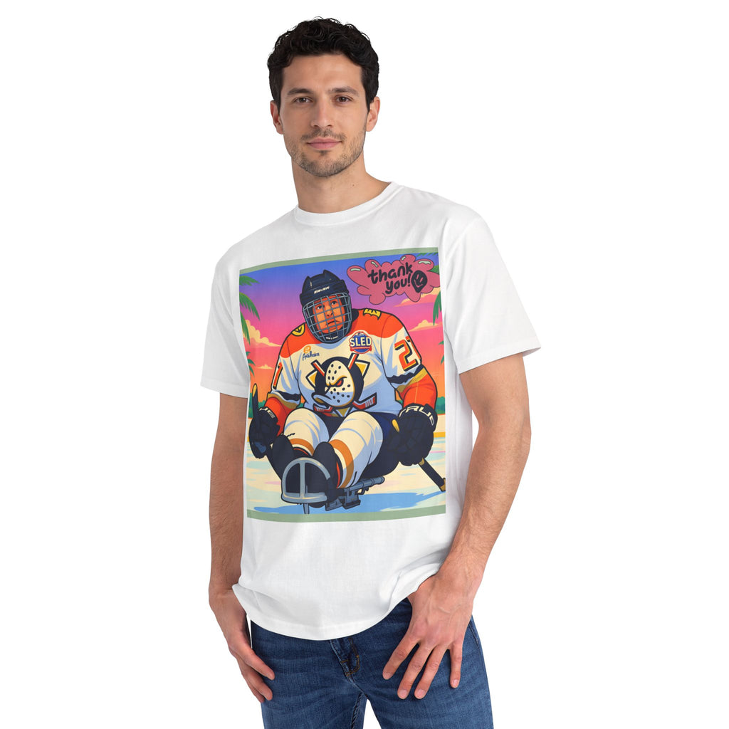 Hockey Sled Player Retro Sunset T-Shirt — 'thank you' Graphic