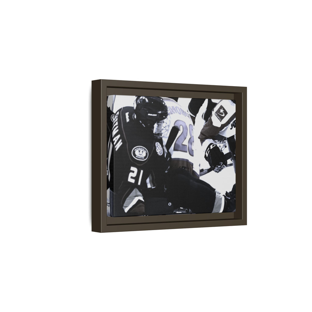 Framed Hockey Action Matte Canvas Print — Black & White Sports Wall Art