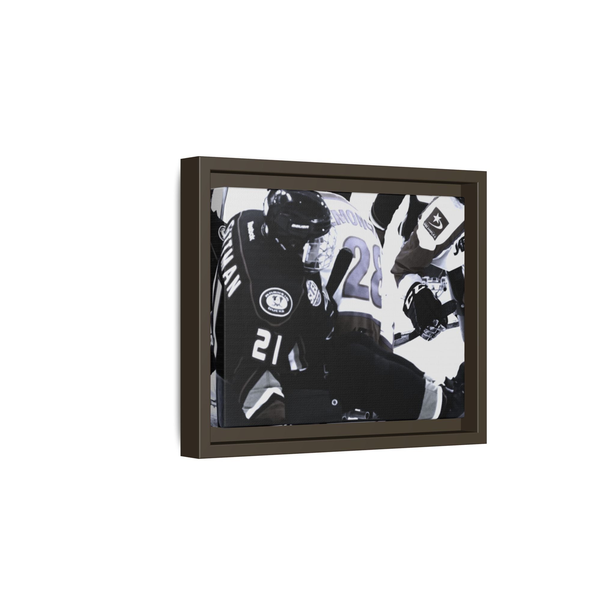 Framed Hockey Action Matte Canvas Print — Black & White Sports Wall Art