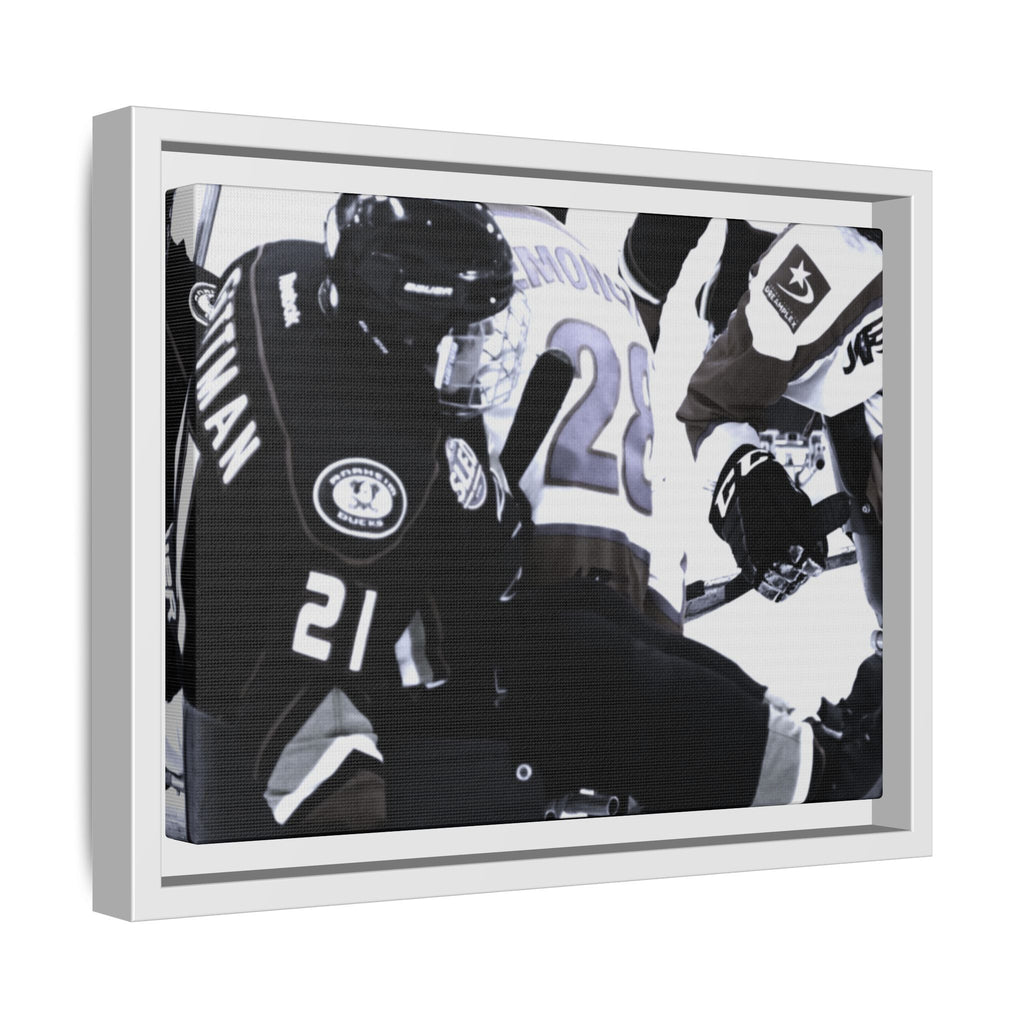 Framed Hockey Action Matte Canvas Print — Black & White Sports Wall Art