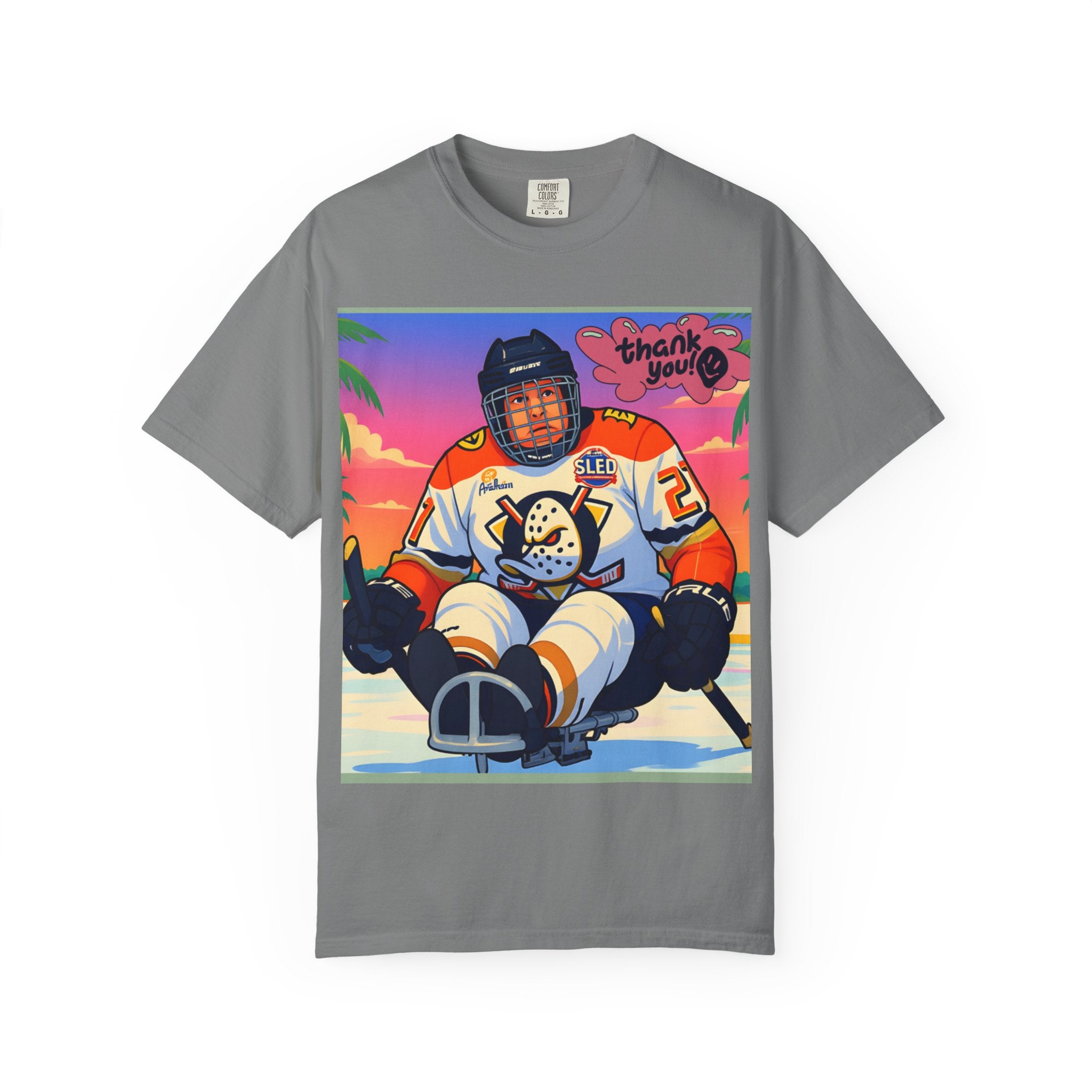 Hockey Tropics T‑Shirt — Sled Hockey Player with "Thank You" Graphic