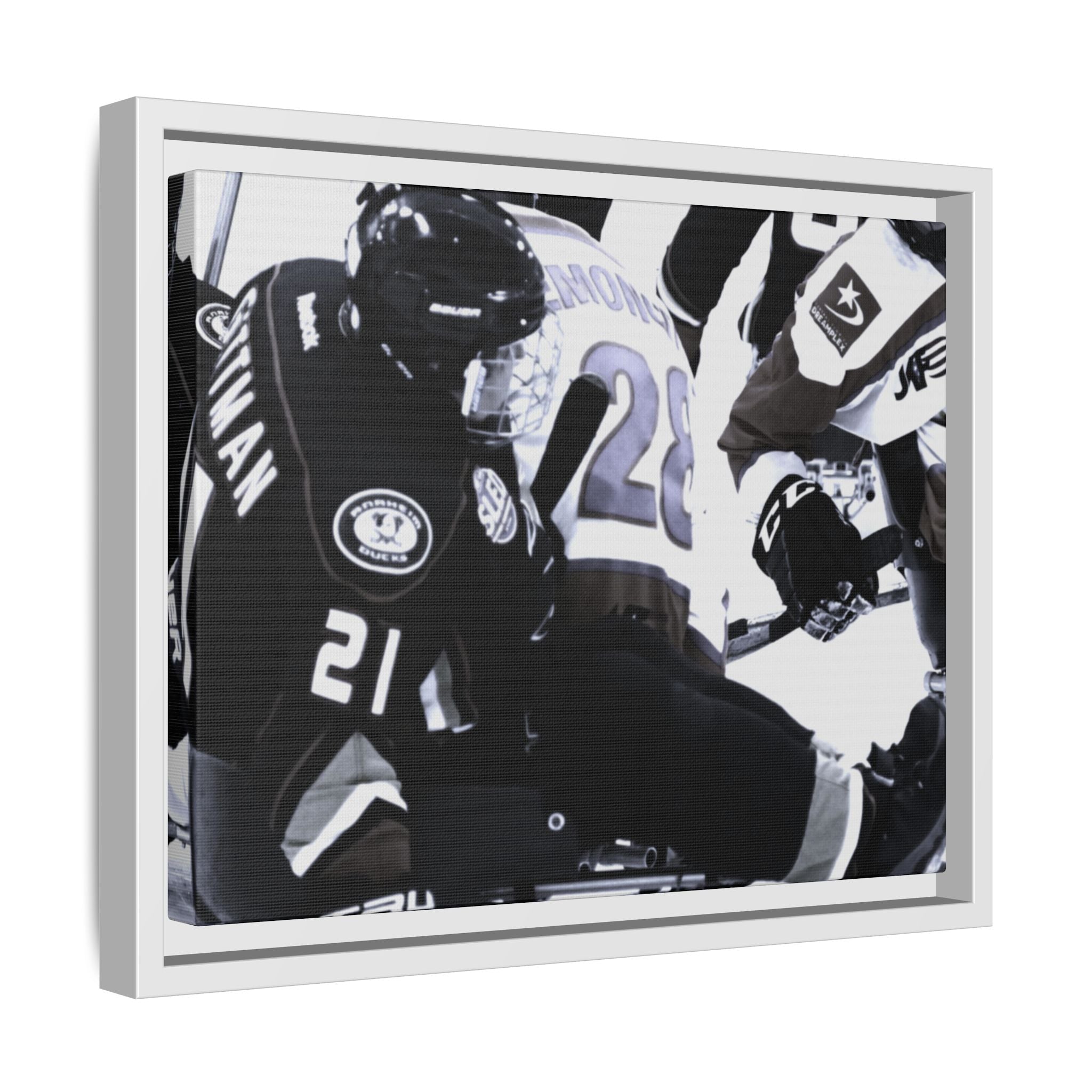 Framed Hockey Action Matte Canvas Print — Black & White Sports Wall Art