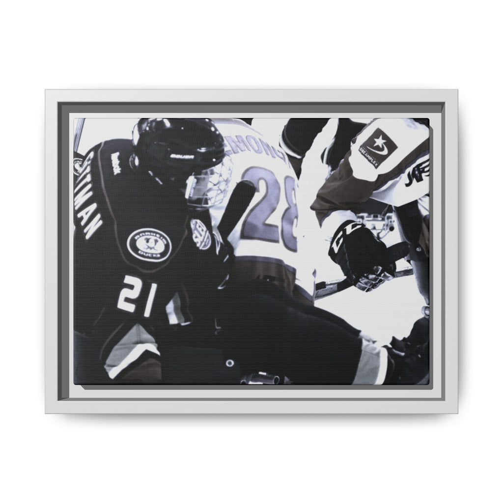 Framed Hockey Action Matte Canvas Print — Black & White Sports Wall Art