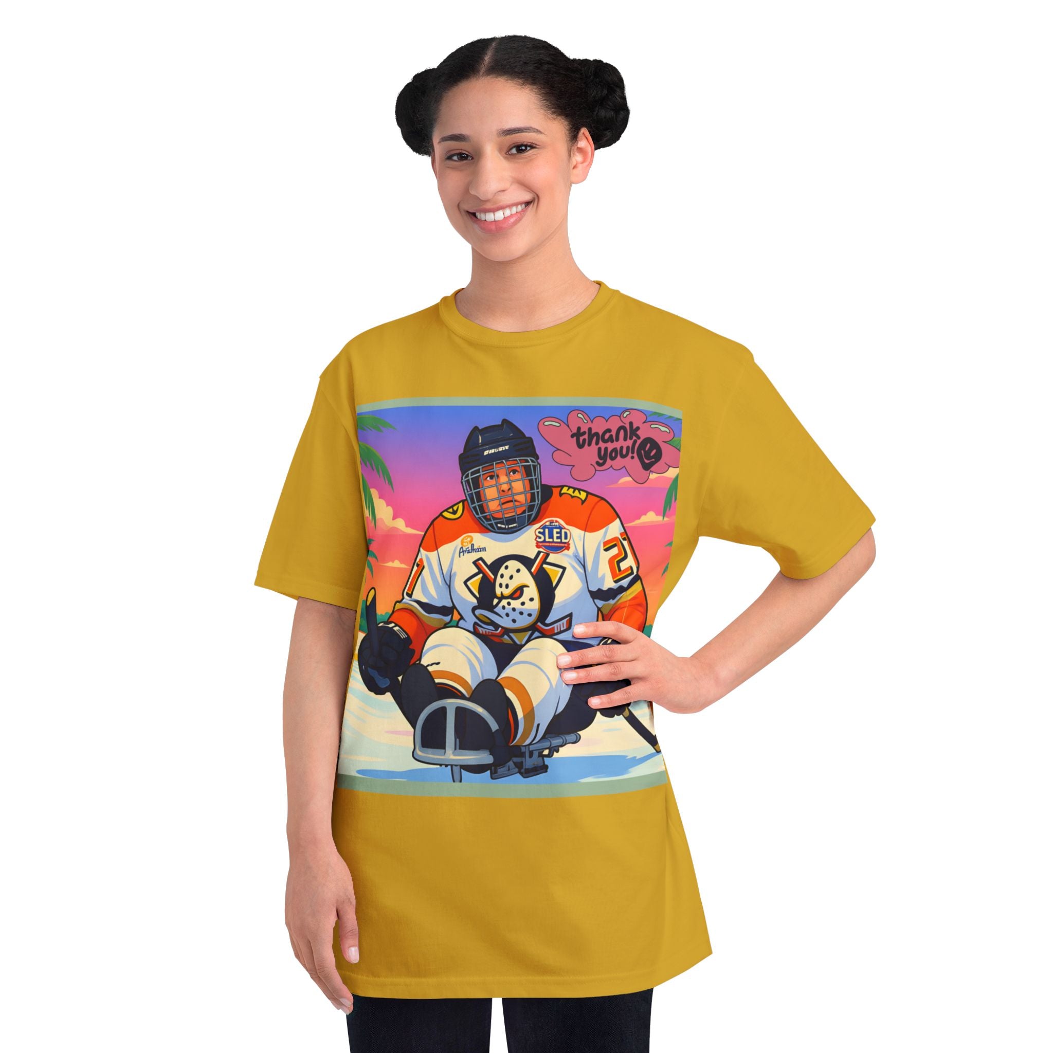Hockey Sled Player Retro Sunset T-Shirt — 'thank you' Graphic