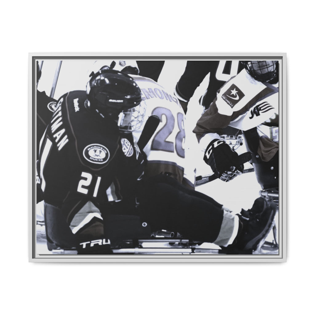 Framed Hockey Action Matte Canvas Print — Black & White Sports Wall Art