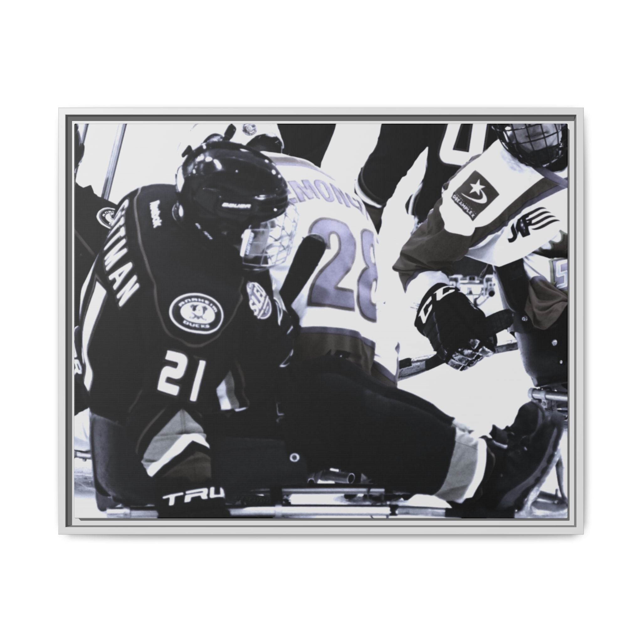 Framed Hockey Action Matte Canvas Print — Black & White Sports Wall Art
