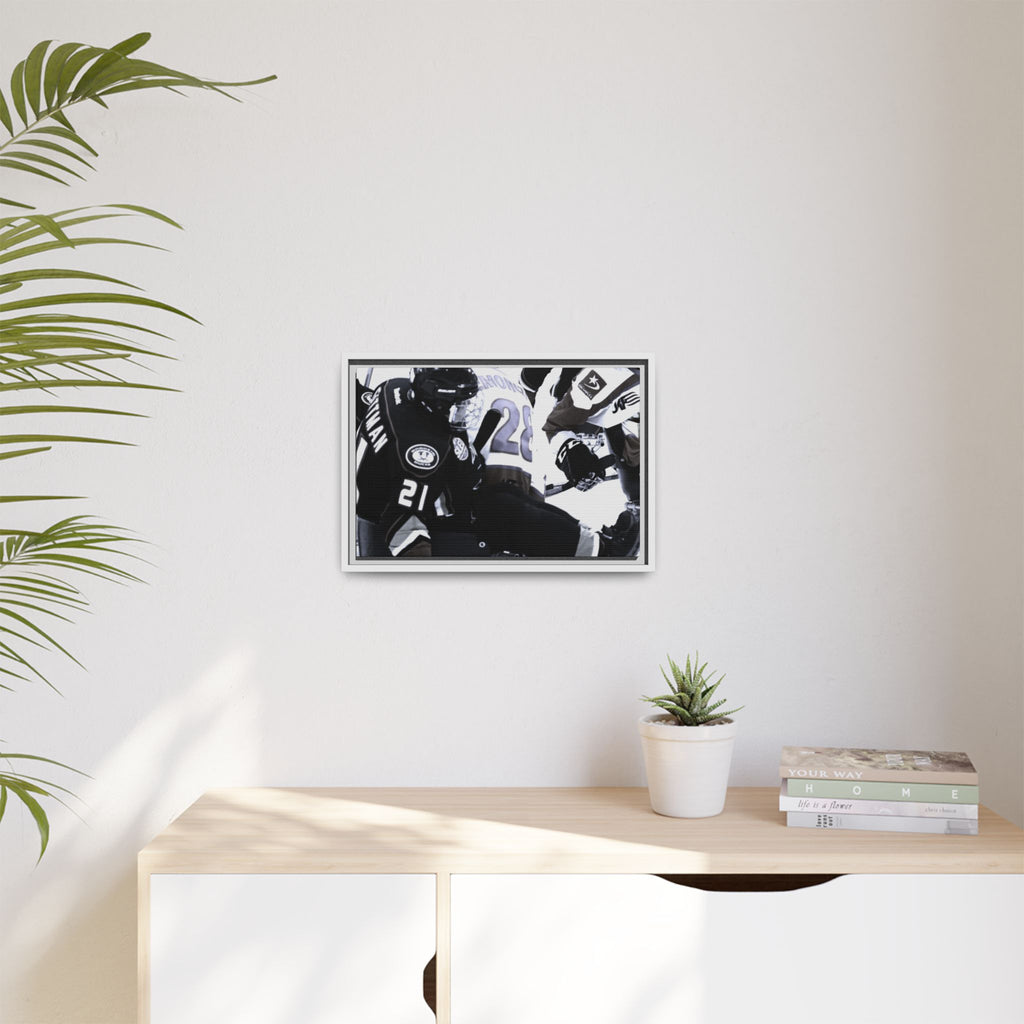 Framed Hockey Action Matte Canvas Print — Black & White Sports Wall Art